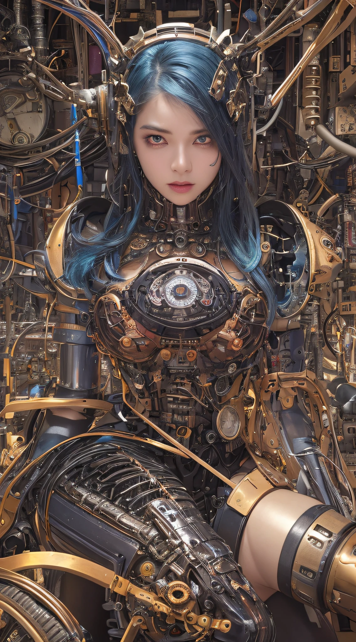 1 Mechanical Girl、((super realistic details))、portlate、globalillumination、Shadow、octan render、8K、ultrasharp、Steampunk Cyborg Body、metals、Details of complex ornaments、cold color、Gothloli details、highly intricate detail、Realistic light、CGSoation Trends、a purple eye、radiant eyes、Facing the camera、neon details、huge tit、The cleavage is visible、Mechanical limbs、blood vessels connected to tubes、Mechanical vertebrae attached to the back、mechanical cervical attaching to neck、sitting on、Wires and cables connecting to the head、The background is a steampunk space、