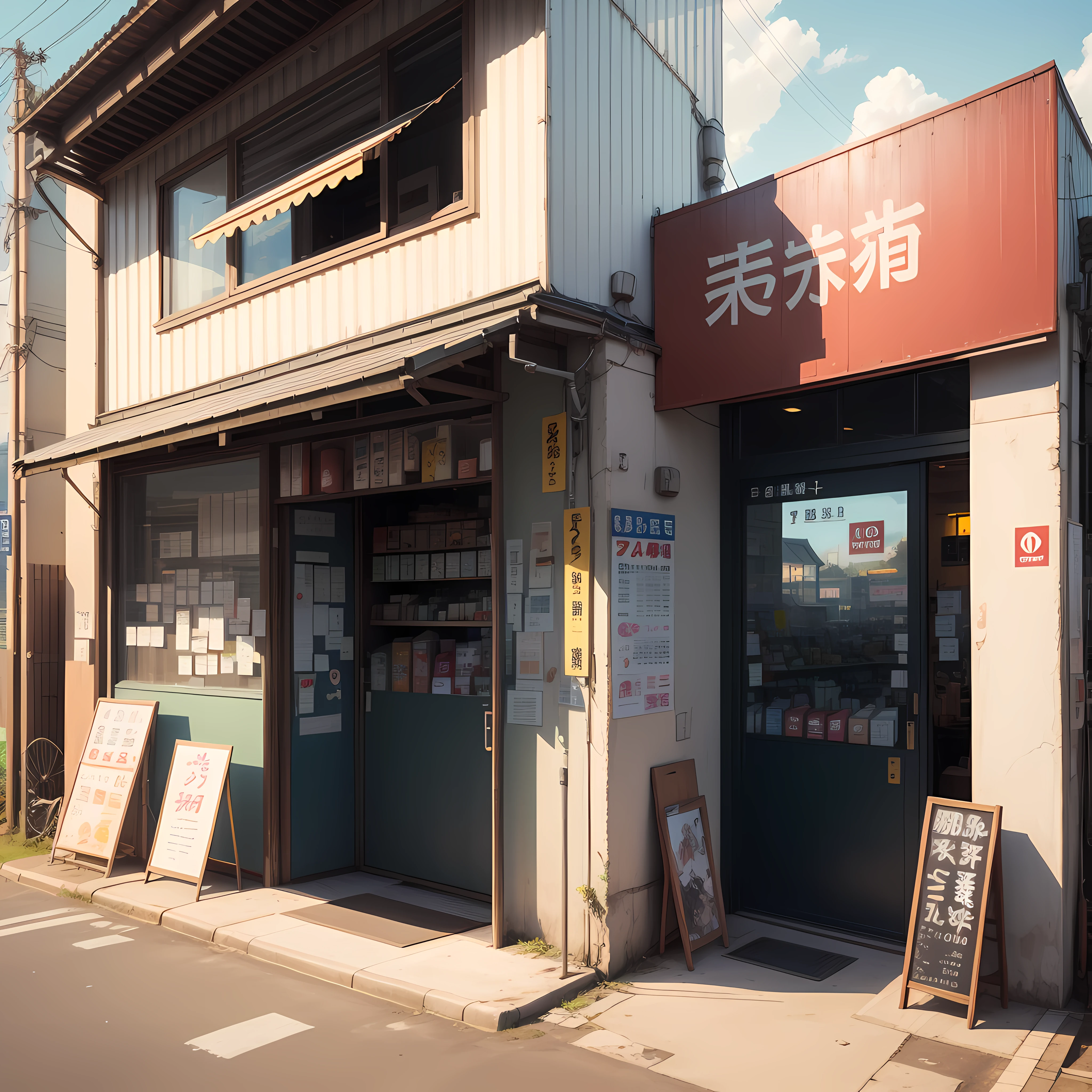 "modern japanese gas station shop, city, overlooking city, bright, morning, blue sky, best quality, japan, modern, metal japanese signs, no one, front view, anime, lofi