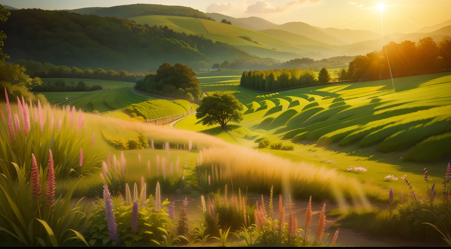 top-quality、grass field、morning、1 photo、Vivid、with light glowing、suns