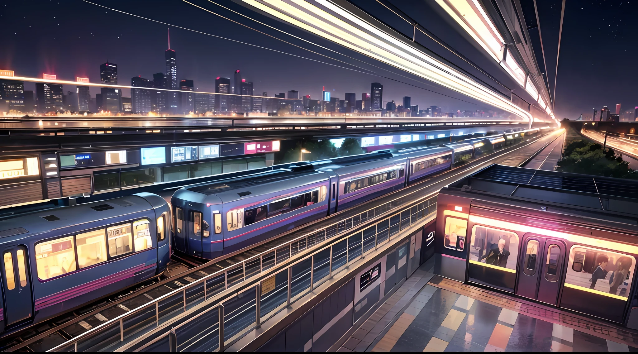 Modern metro station,On the ground,The train is pouring into the station,It is surrounded by high-rise buildings,nighttime scene,toyko --auto