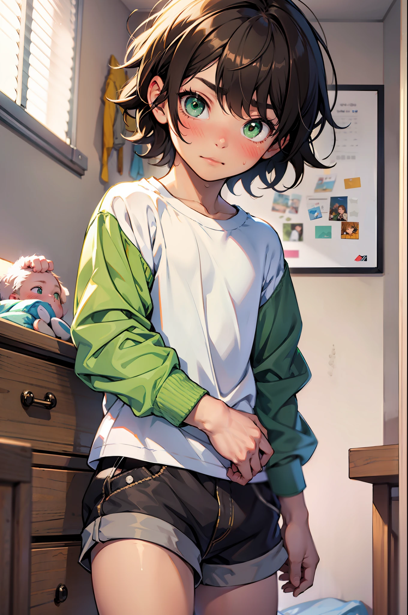 1 little boy, ???, with a messy short brown hair and green eyes, short white shirt, shorts, blushing, in a bedroom