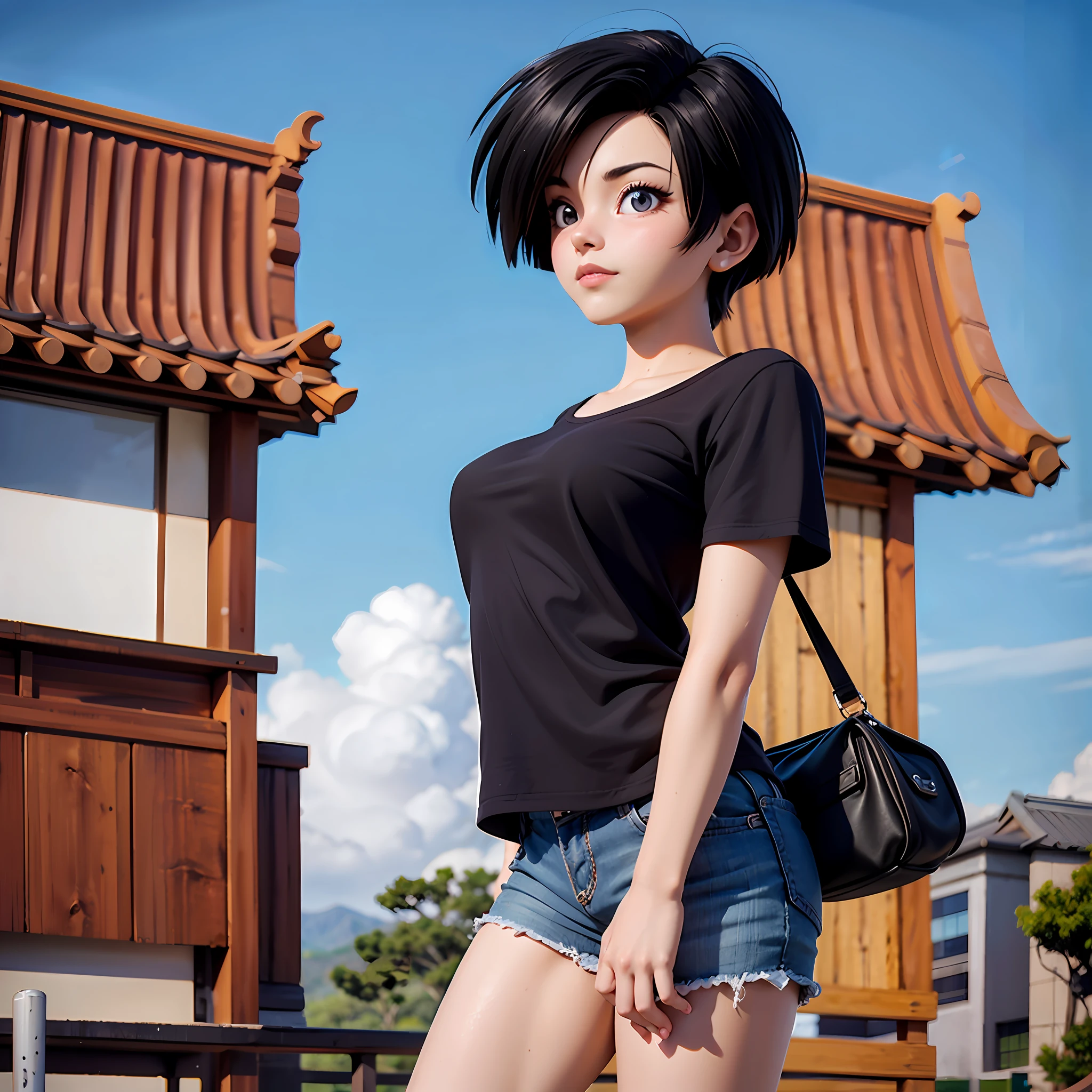 1 girl, Videl from dragon ball Z,  em shorts pretos curtos e camisa branca, apertada, posando para uma foto, Menina anime na vida real,bonita, linda mulher coreana jovem, Anime Garota Cosplay, terno liso branco apertado roupas terno, vestindo camisa apertada, camisa apertada, usando roupas simples e apertadas, degree of transparency, anime realista, anime hiper realista, menina anime atraente, Mulher coreana, sexy N-SFW