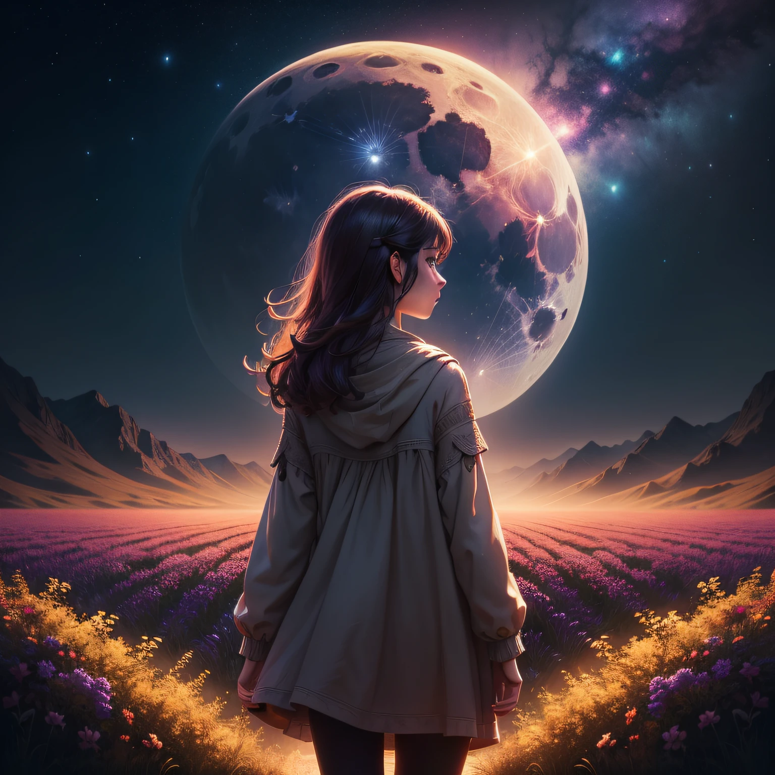 A wide landscape photo, (viewed from below, the sky is above, and the open field is below), a girl standing on a flower field looking up, (full moon: 1.2), (meteor: 0.9), (nebula: 1.3), distant mountains , Trees BREAK Crafting Art, (Warm Light: 1.2), (Firefly: 1.2), Lights, Lots of Purple and Orange, Intricate Details, Volumetric Lighting BREAK (Masterpiece: 1.2), (Best Quality), 4k, Ultra Detailed, (Dynamic Composition: 1.4), Rich in Detail and Color, (Rainbow Color: 1.2), (Glow, Atmospheric Lighting), Dreamy, Magical, (Solo: 1.2)