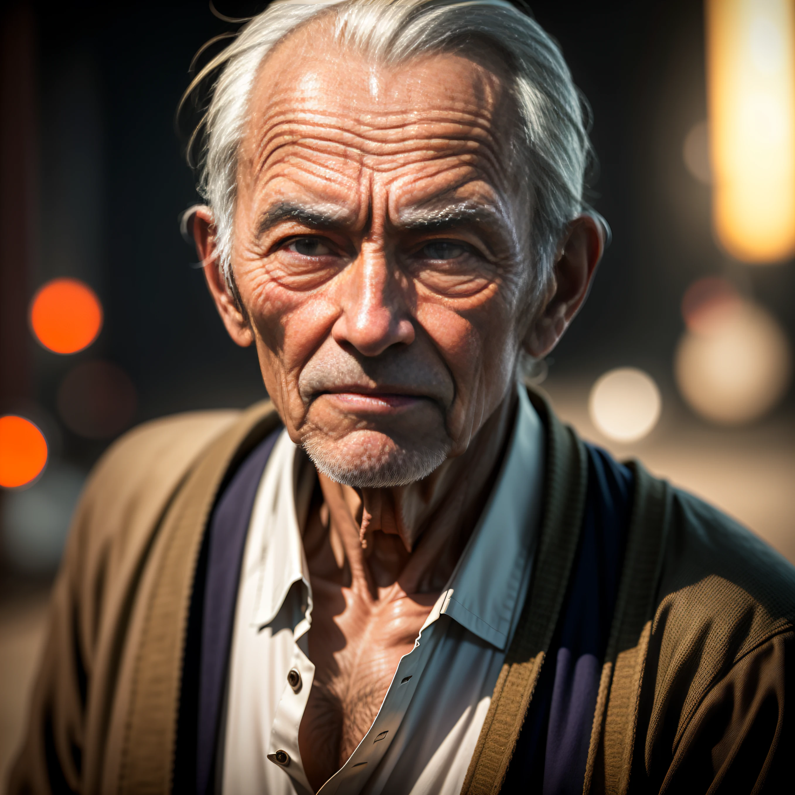 An upper-body portrait of an elderly man in rural China,Look straight ahead,(bokeh:0.7),Sideslit,(Wrinkle face details:0.5),long-focus,Torch lighting,gritty vibe,Rural landscape background,realisticlying,Complicated details,True aging skin texture
