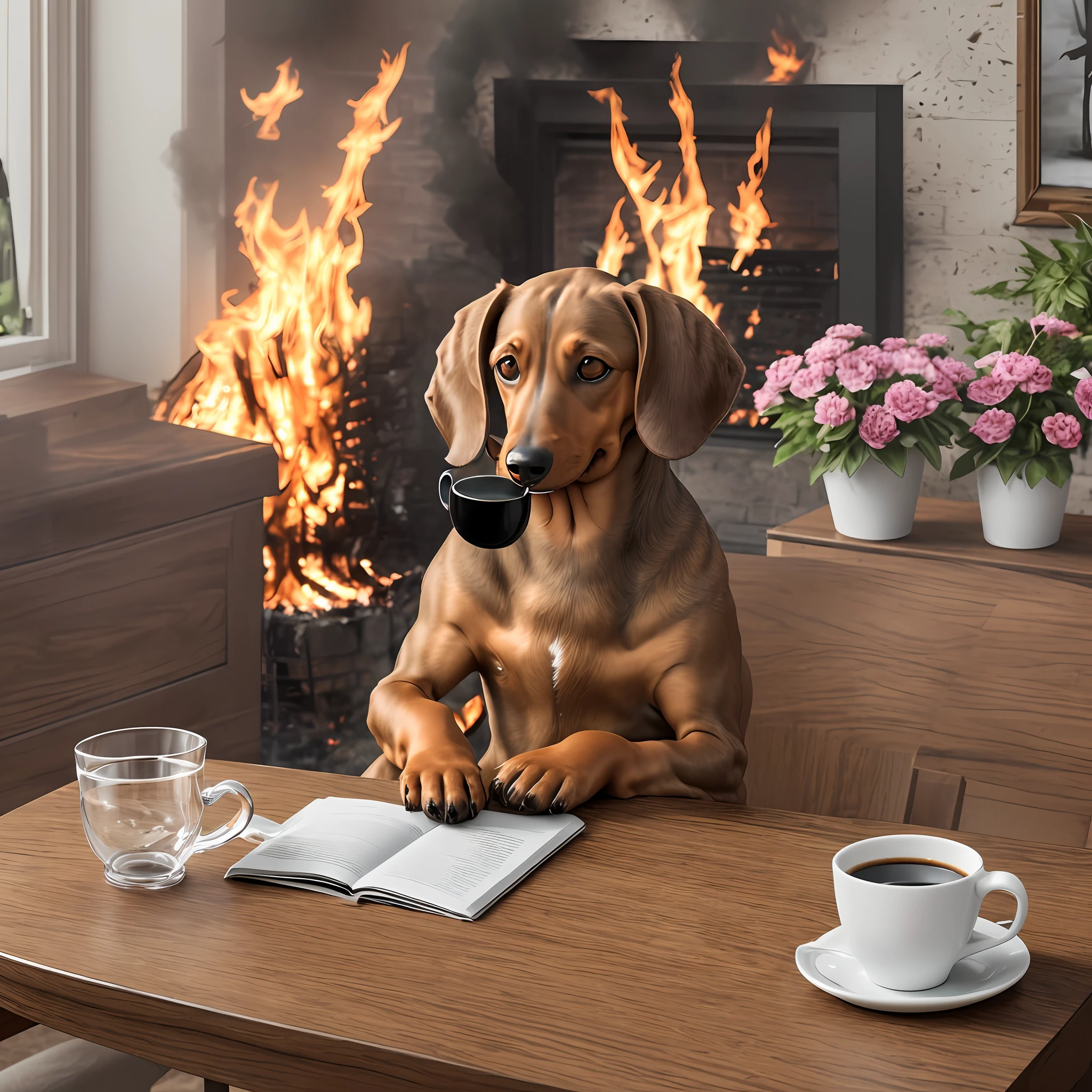 a dachshund sitting at a table drinking coffee while the room burns, realistic, photorealistic