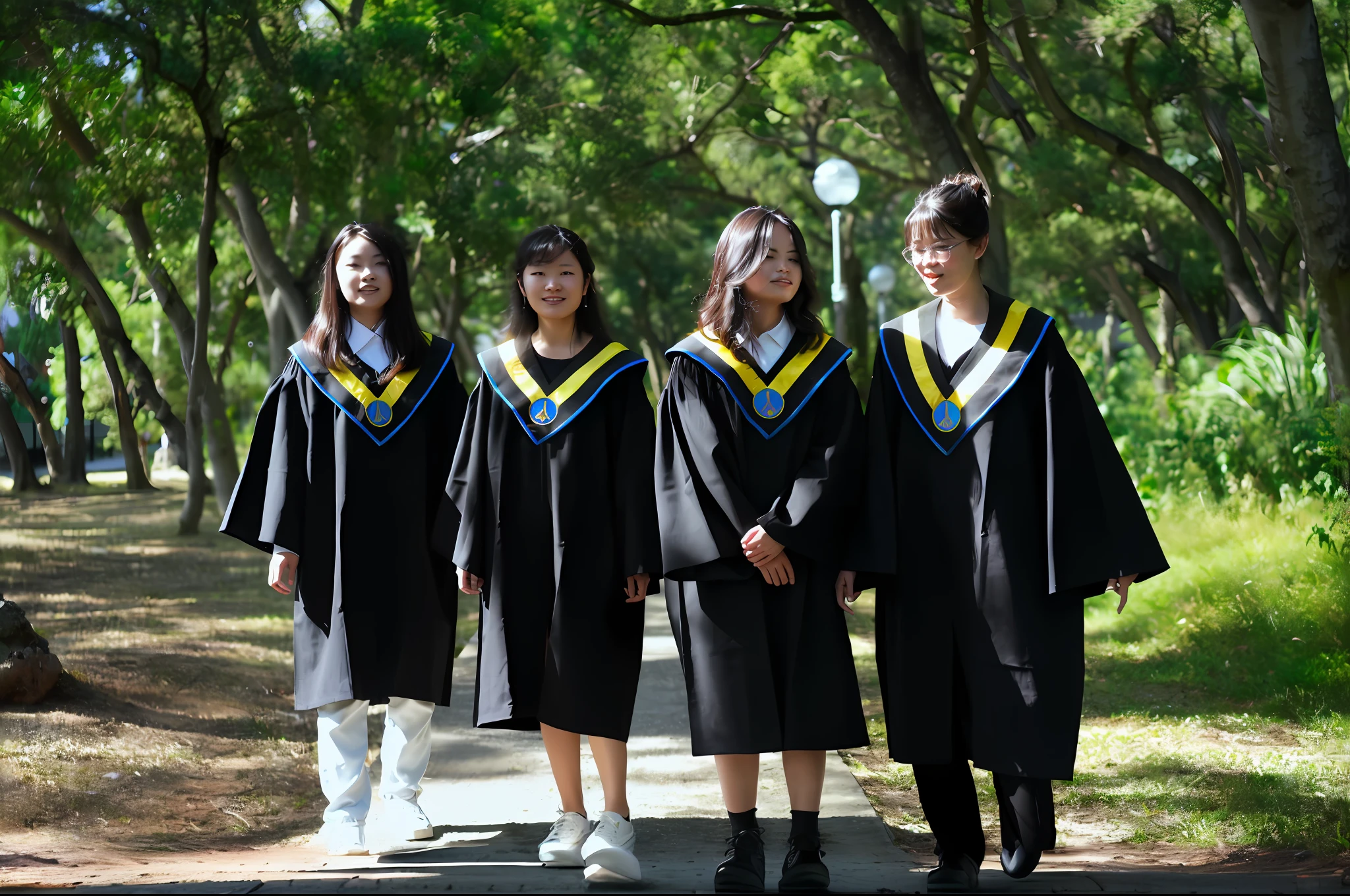 Three women in graduation gowns walking down the path of the park, wearing an academic gown, graduation photo, Student, College, Wearing robes, photograph taken in 2 0 2 0, portrait n - 9, Photo Hot, Japan High School, dressed in a black robe, magic uniform university, exclusive, University, 2010s, 2 0 1 0 s, seifuku