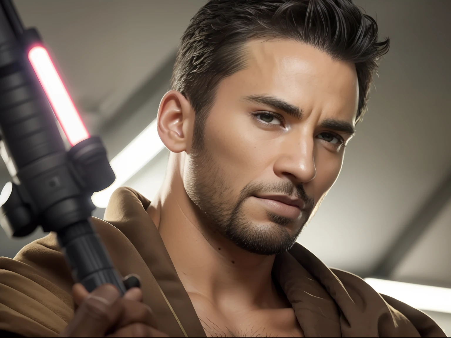 Create a man, star wars character, Hold your lightsaber in front of your face, 30 age old,Weight 70 lbs,dark-skin,Wearing a light-colored robe, Wear black earrings, Curly and very short, The sides are slightly shaved, Brown eyes, Mysterious eyes, Detailed anatomy, Photo, Realistic, Cinematic, Glamour, On an alien planet