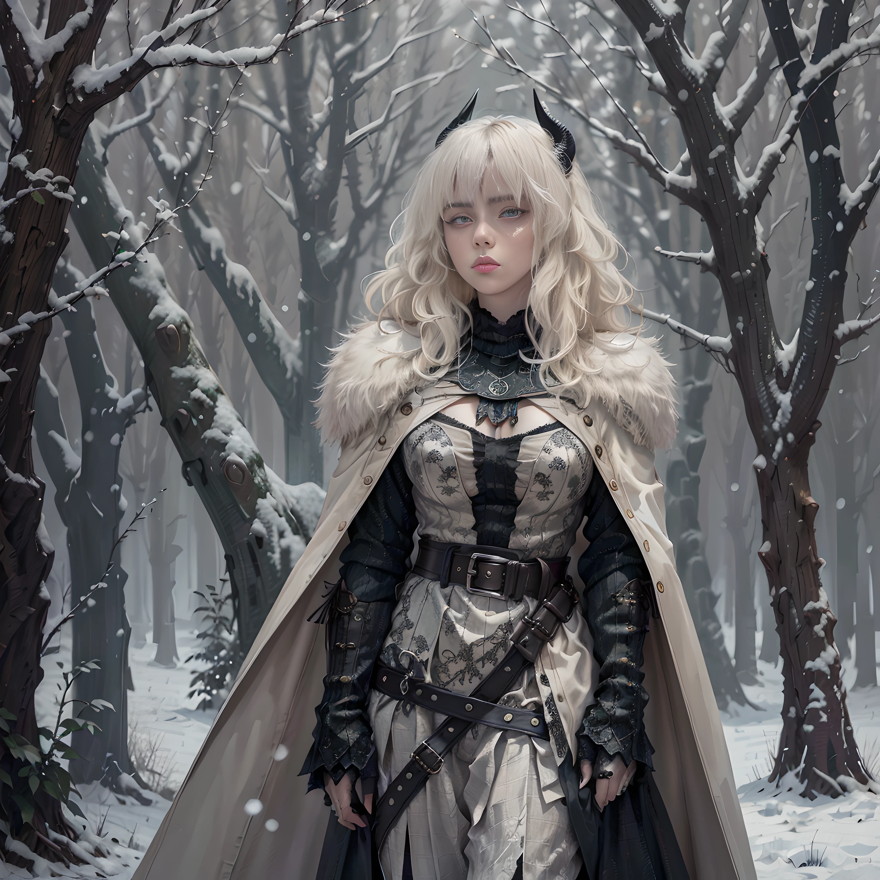 (masterpiece, top quality, best quality, official art, detailed:1.2), billieeilishW3, 1woman, solo, highly detailed face, perfect hands, long white wavy hair with symmetrical black ram horns and no bangs, outdoors, wearing full pleated armor, tree, fur trim cape in white, black gloves, snow, snowing, winter, walking and looking away with a hand on her belt, bare tree, flat chested and fully clothed with long sleeve medieval shirt and black trousers and armored shoulder pads