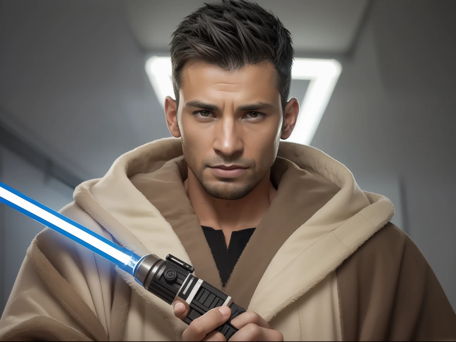 Create a man, star wars character, Hold your lightsaber in front of your face, 30 age old,Weight 70 lbs,dark-skin,Wearing a light-colored robe, Wear black earrings, Curly and very short, The sides are slightly shaved, Brown eyes, Mysterious eyes, Detailed anatomy, Photo, Realistic, Cinematic, Glamour, On an alien planet