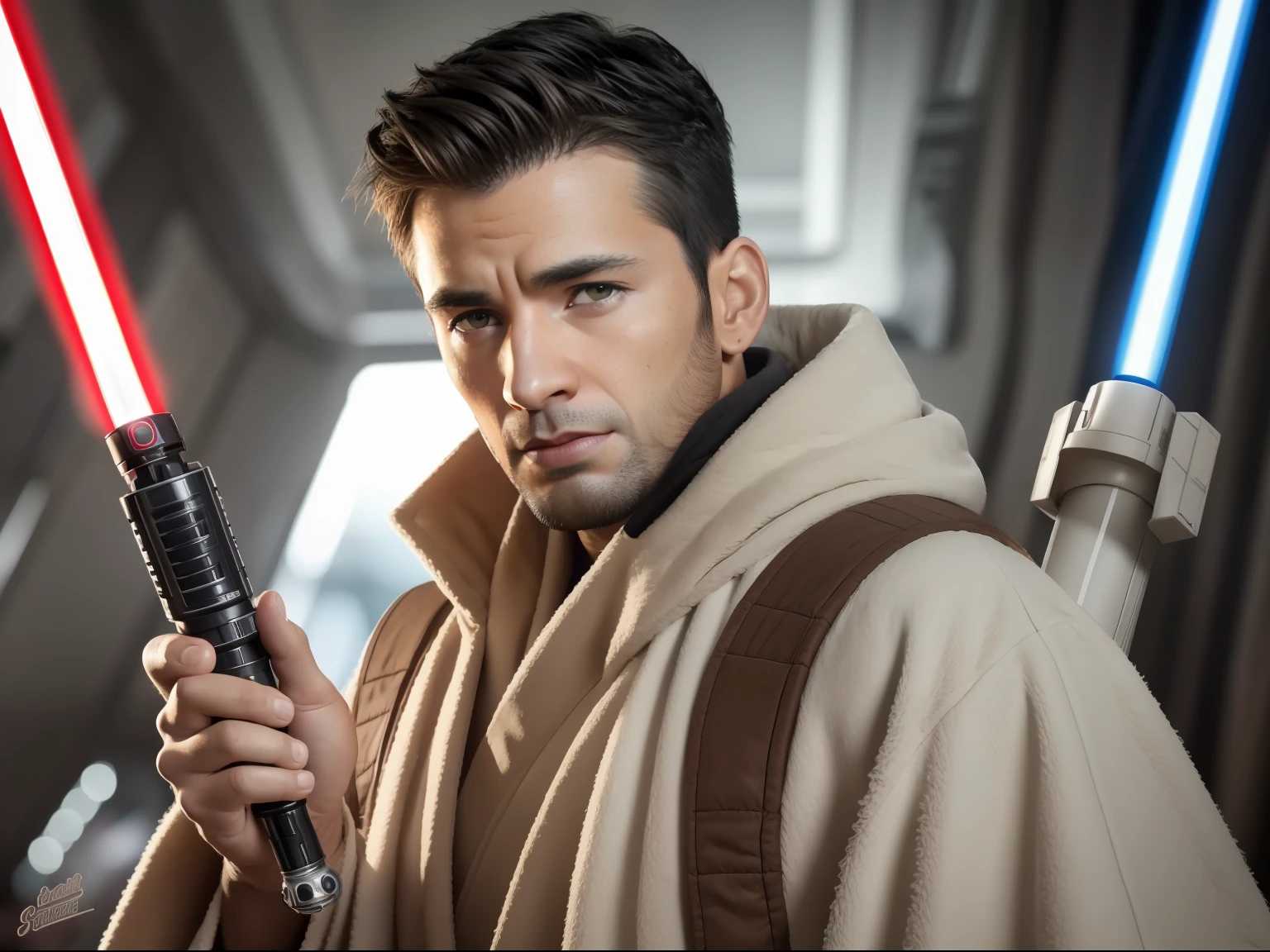 Create a man, star wars character, Hold your lightsaber in front of your face, 30 age old，Weight 70 lbs，dark-skin，Wearing a light-colored robe, Wear black earrings, Curly and very short, The sides are slightly shaved, Brown eyes, Mysterious eyes, Detailed anatomy, Photo, Realistic, Cinematic, Glamour, On an alien planet