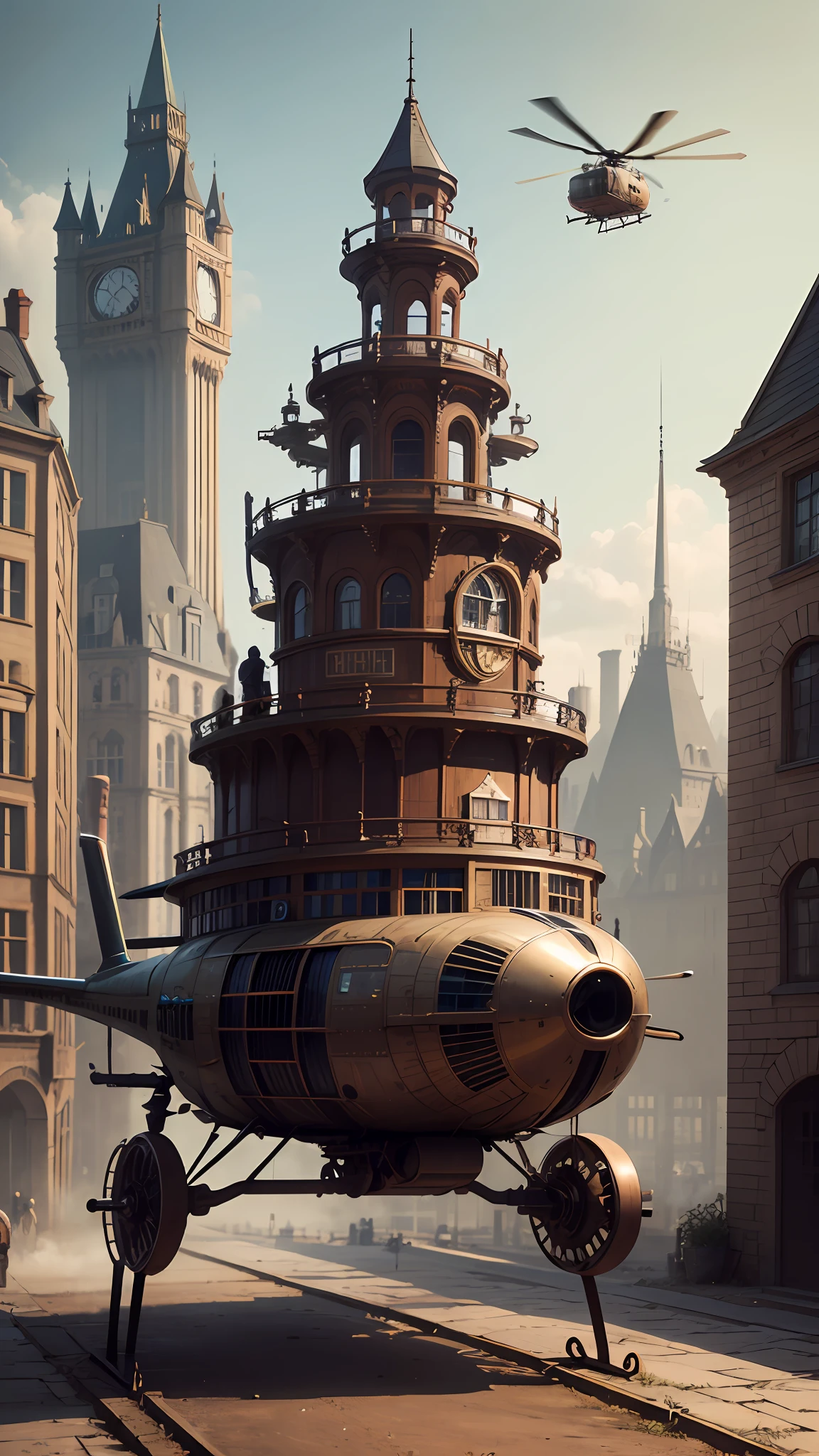 SteamPunkAI, Cogpunk helicopter, city castle, steampunk --auto