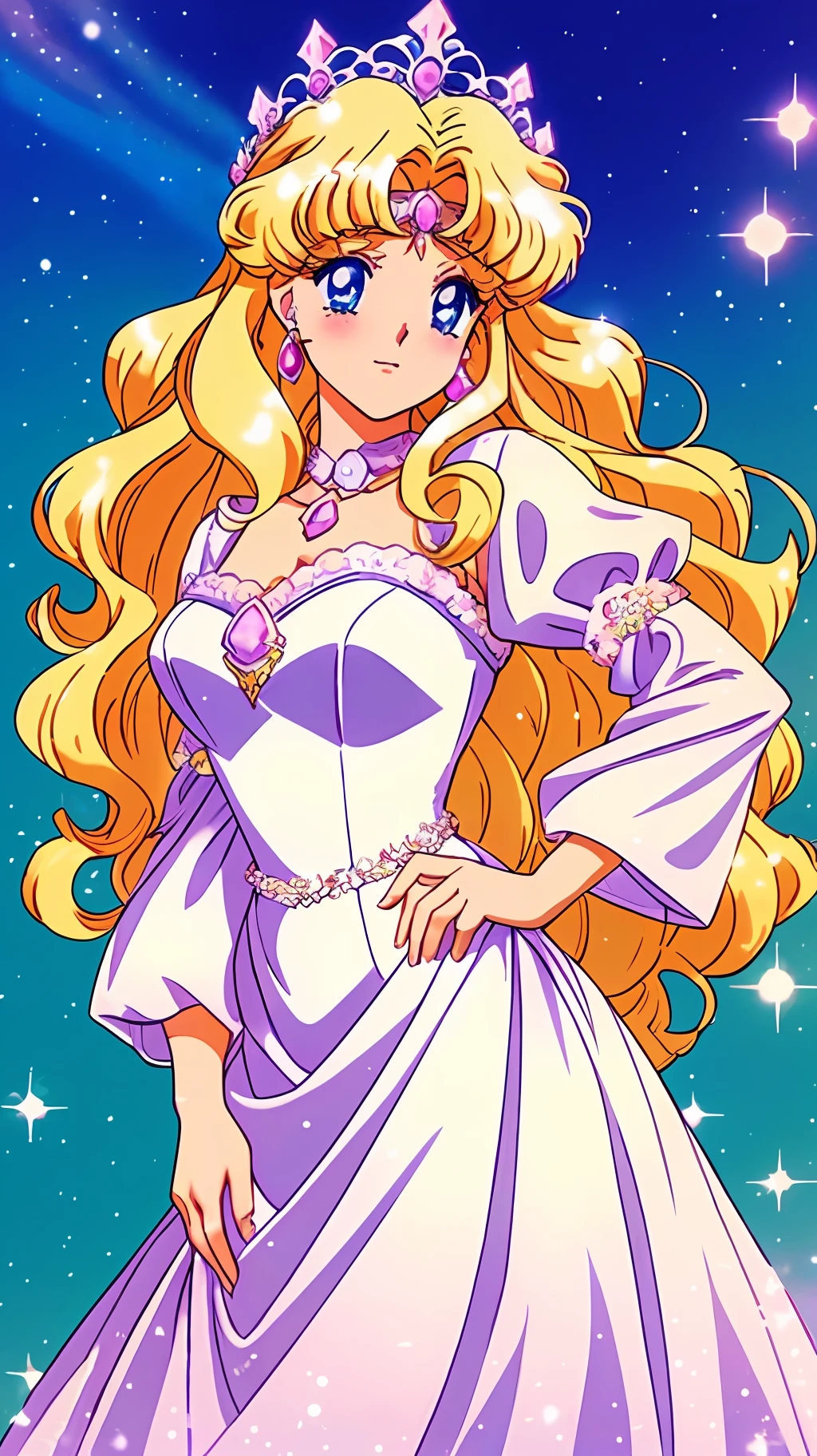 1 Princess,Thick blonde curls,(Gorgeous white dress、tiara crown、jewelry),pretty eyes,Blush,pastelcolor,Retro anime,1990s anime,tmasterpiece,Best quality