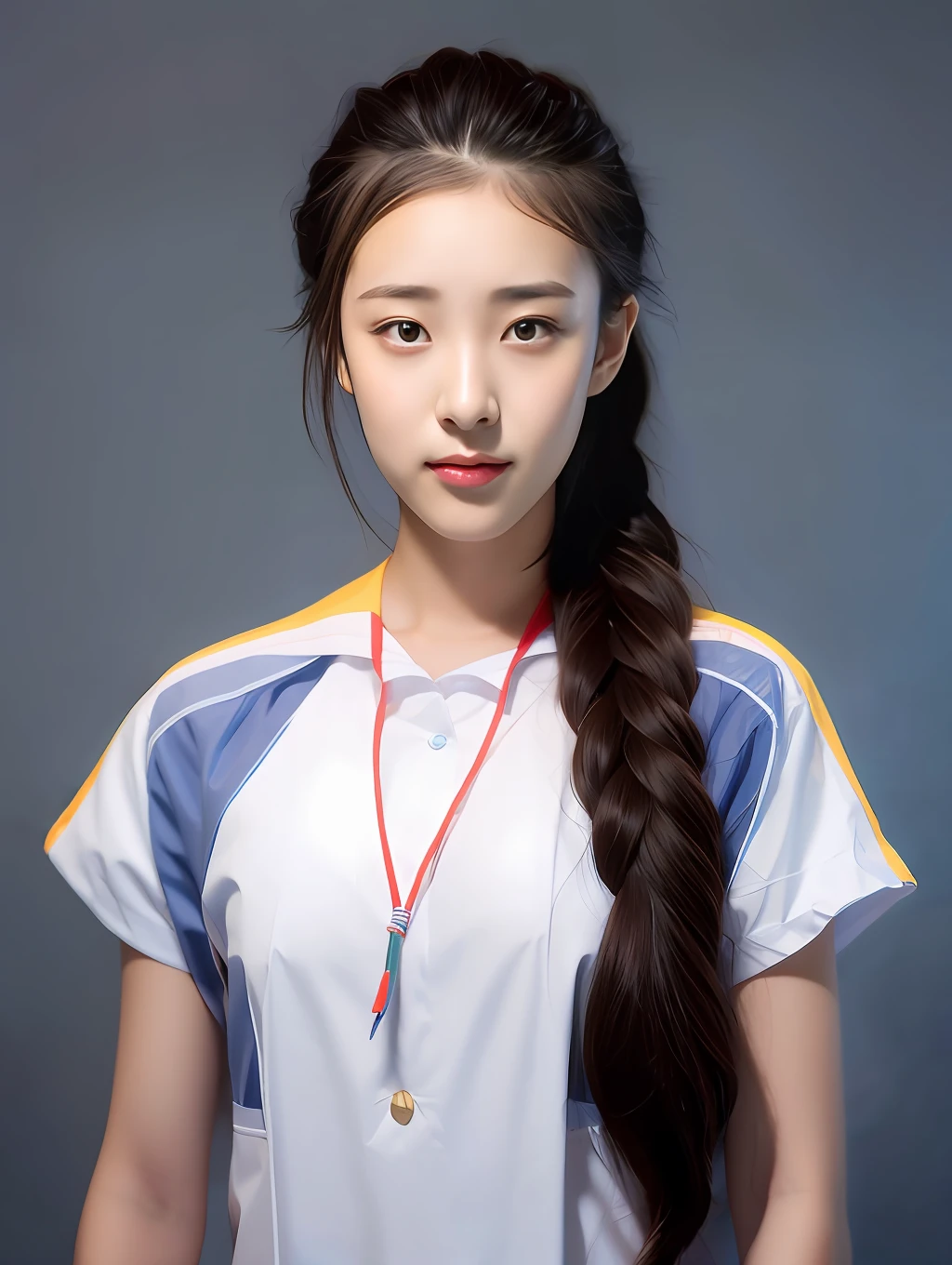 A 17-year-old female high school student，Wear a PVC color school uniform