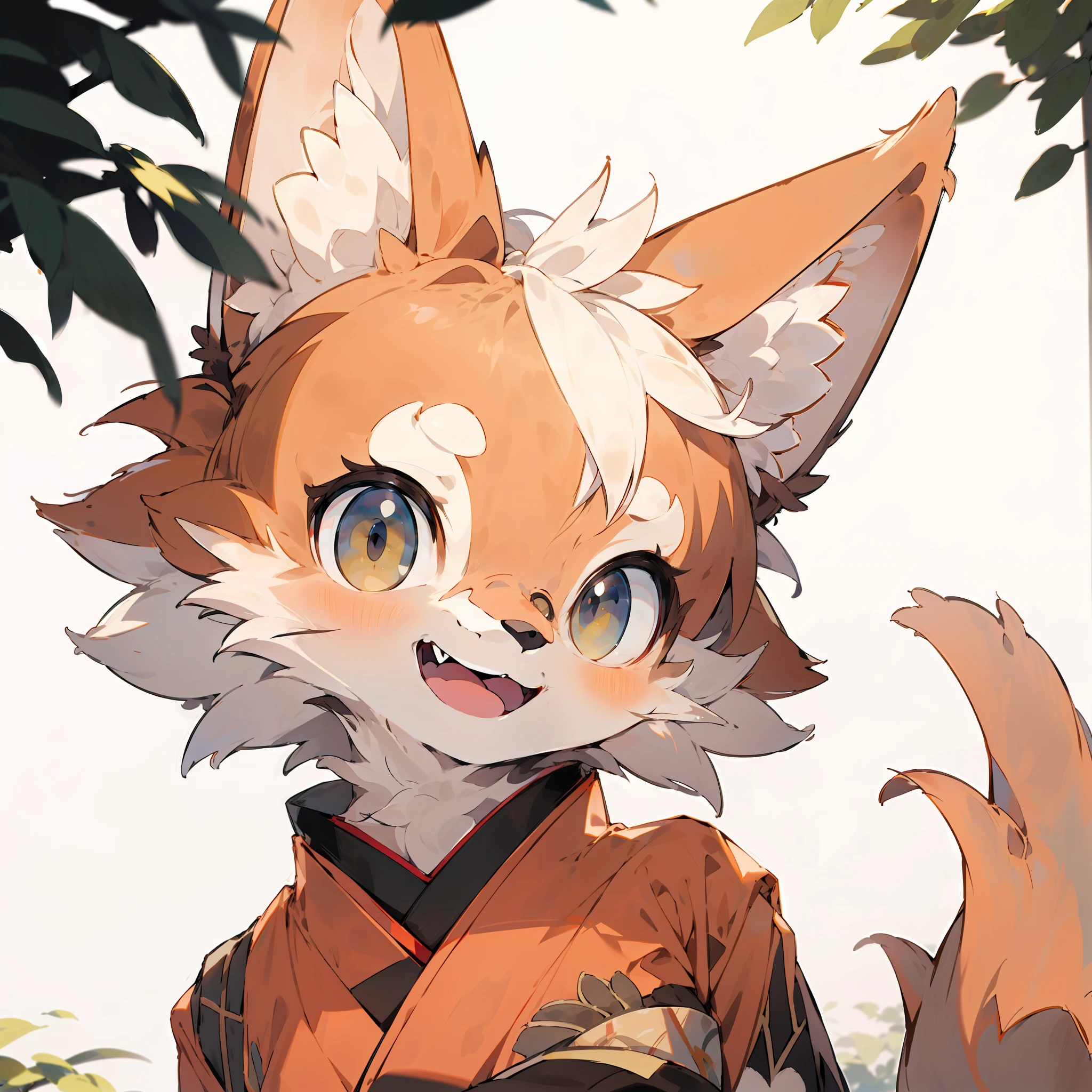 depth of field, perfect lighting, light particles,(best quality),(masterpiece),(ultra detailed),sharp focus,light particles, niji, eyesgod, blush, brown_eyes, looking_at_viewer, smile, solo, furry, animal_ear_fluff, open_clothes, arms behind back, upper body, tail, kimono, japanese clothes, sunlight, tree, open mouth, from below, arms behind back,