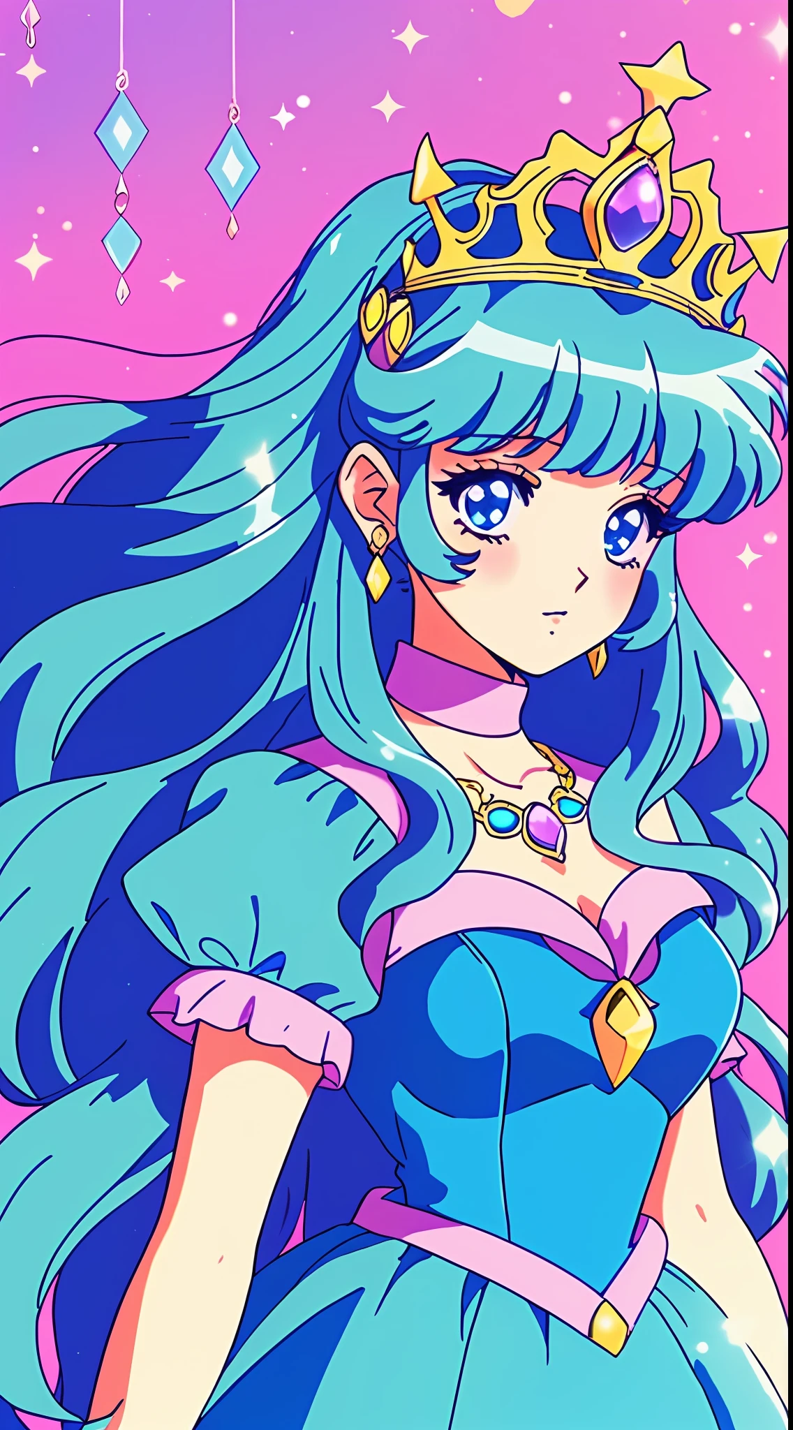 1 Princess,Character standing drawing,Thick blue hair,(Beautiful dress、Hairstyles、tiara crown、jewelry),pretty eyes,Blush,pastelcolor,Retro anime,1990s anime,tmasterpiece,Best quality