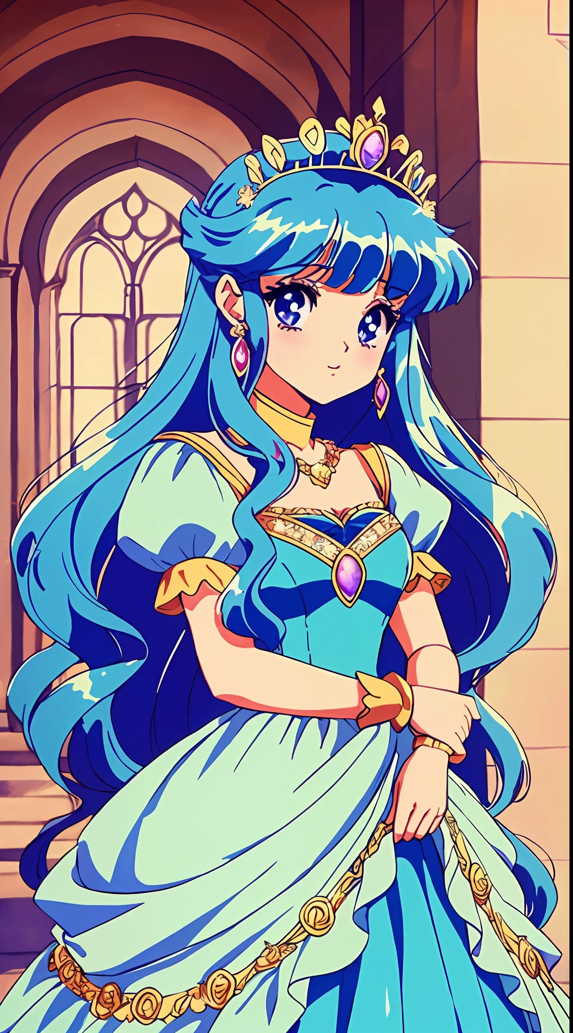 1 Princess，Character standing drawing，Thick blue hair，(Beautiful dress、Hairstyles、tiara crown、jewelry)，pretty eyes，Blush，pastelcolor，Retro anime，1990s anime，tmasterpiece，Best quality