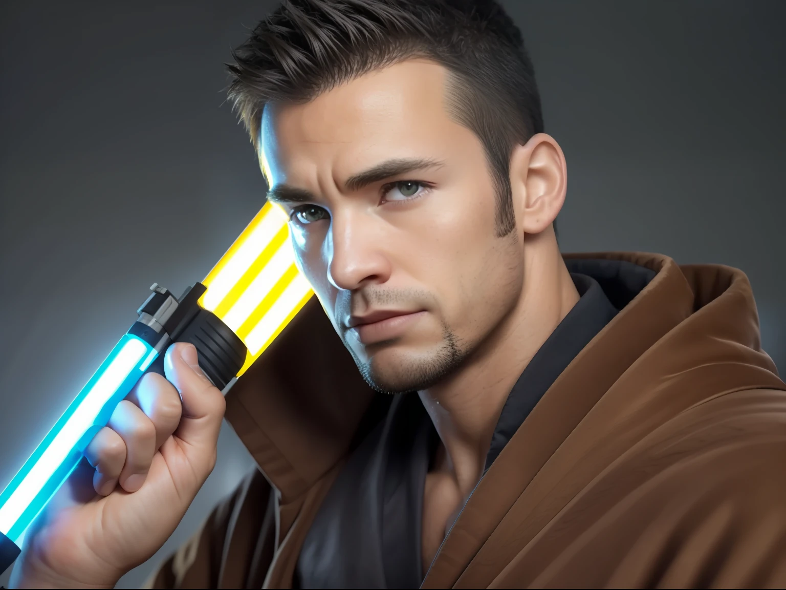 Create a man, star wars character, Hold your lightsaber in front of your face, 30 age old，Weight 70 lbs，dark-skin，Wearing a light-colored robe, Wear black earrings, Curly and very short, The sides are slightly shaved, Brown eyes, Mysterious eyes, Detailed anatomy, Photo, Realistic, Cinematic, Glamour, On an alien planet