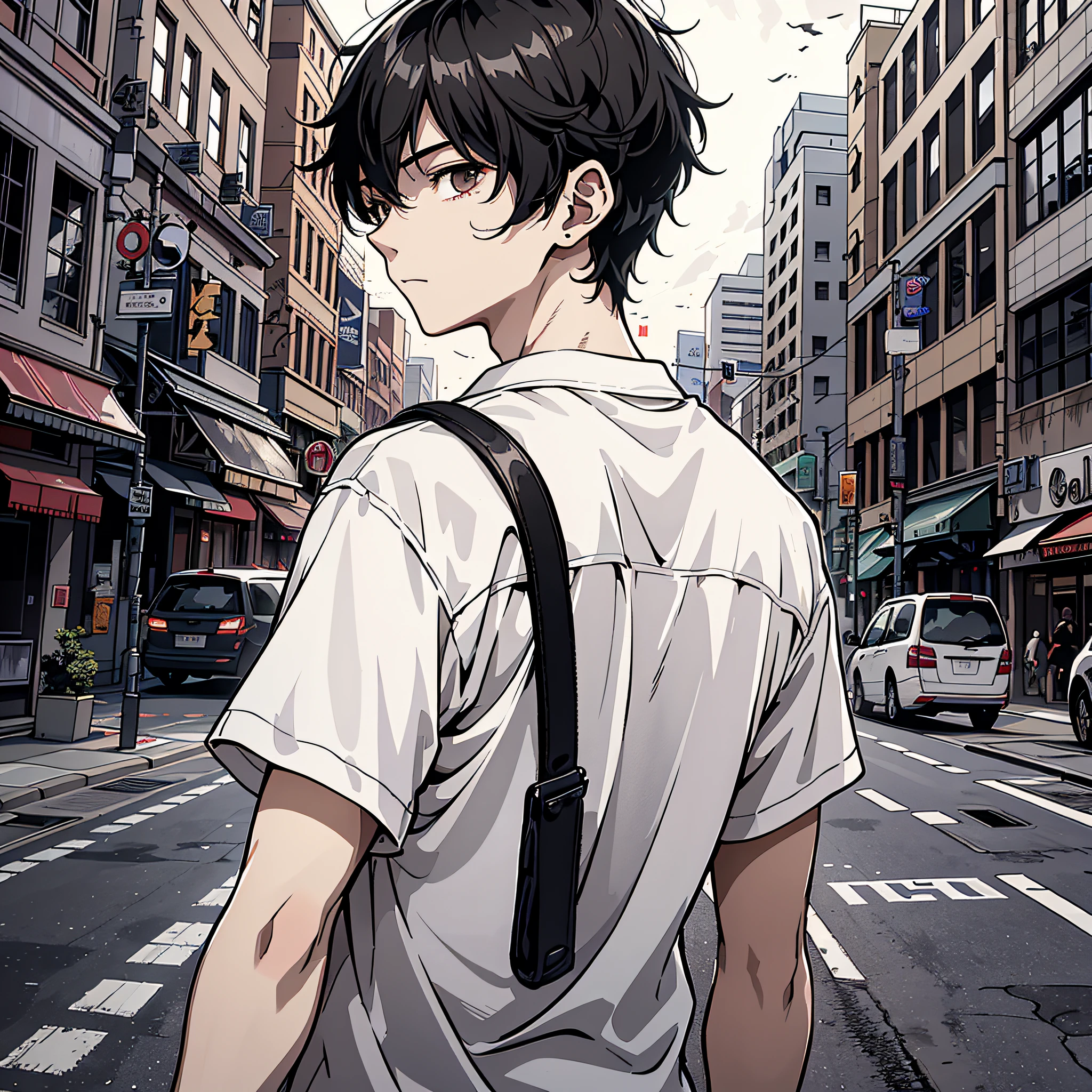 Ridiculous resolution,A high resolution,(tmasterpiece:1.4),Hyper-detailing,The young man's short black hair is messy,Wearing a white shirt,A calm expression,Back Shadow,In the middle of an empty street,Zombie apocalypse,Zombie outbreak