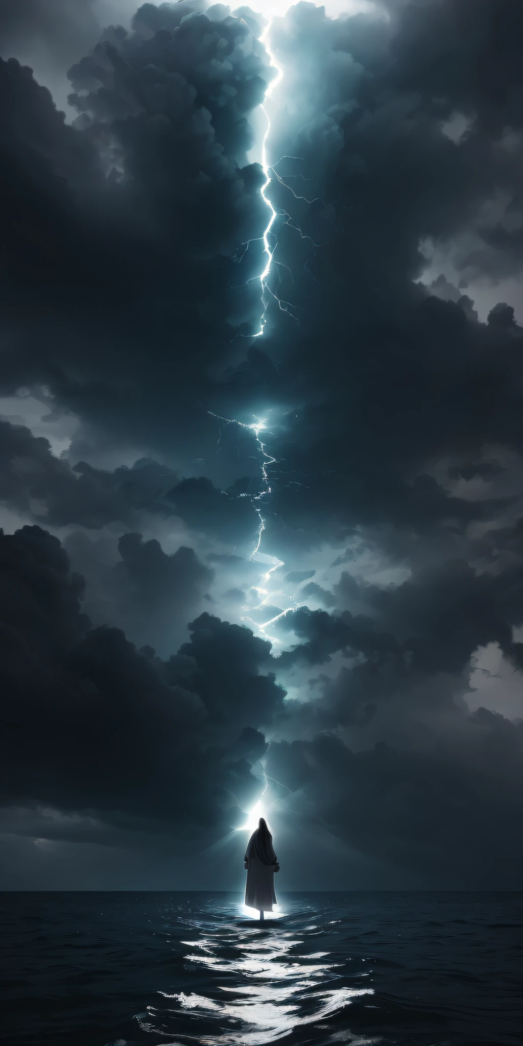 Jesus walking on a water in a storm, tmasterpiece, best qualtiy, high qulity, Extremely detailed CG unit 8k wallpaper, award winning photography, Bokeh, depth of fields, hdr, flood, color difference, realisticlying, The is very detailed, 复杂, high detal, dramatics, Art on the go, Volumetriclighting