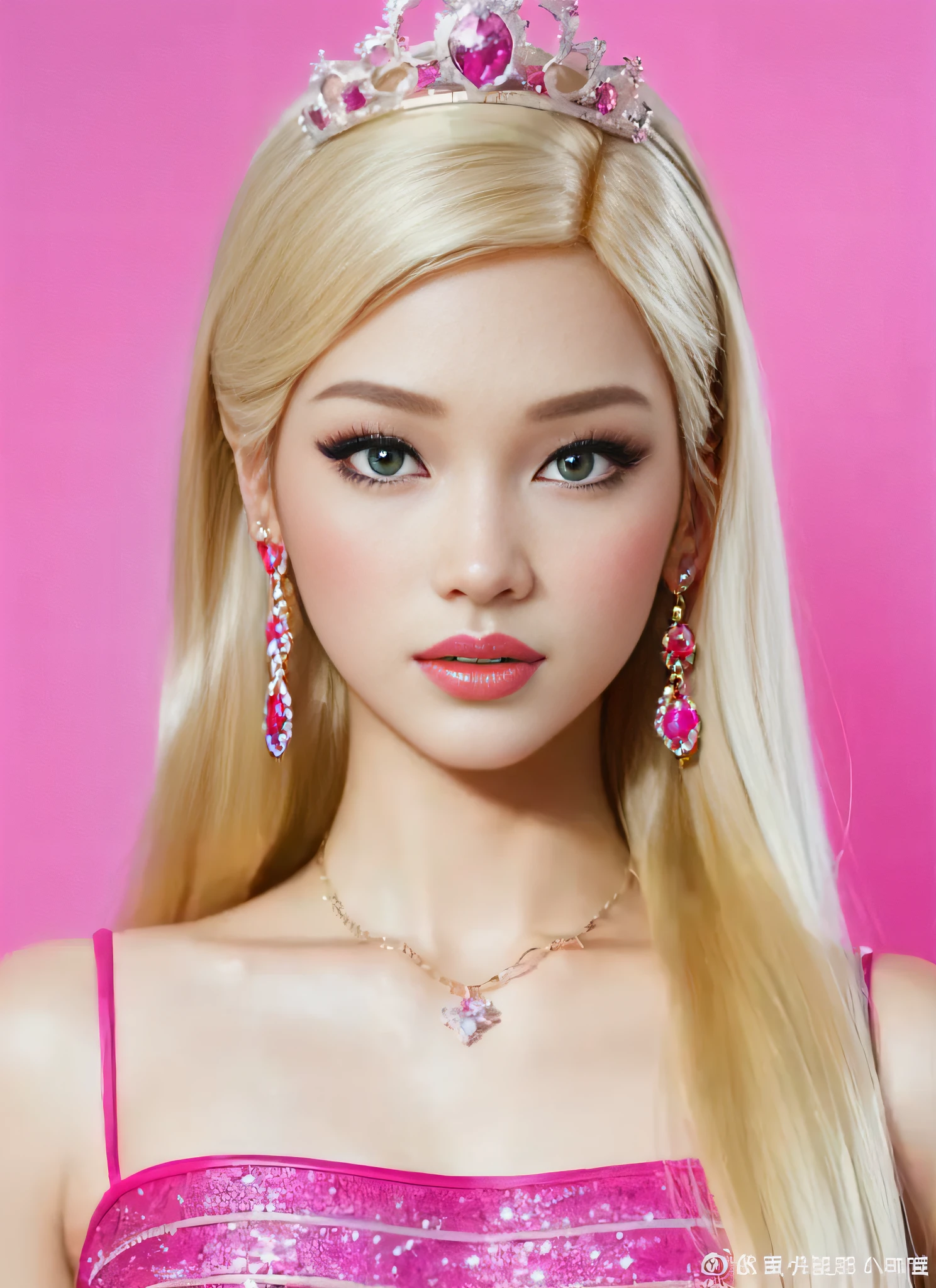 Close-up of Barbie in TIA and pink dress, anime barbie doll, Portrait of Barbie, barbiecore, portrait of jossi of blackpink, lalisa manobal, yanjun cheng, jossi of blackpink, roseanne park of blackpink, Barbie, lalisa manoban of blackpink, Realistic. Cheng Yi, anime barbie in white