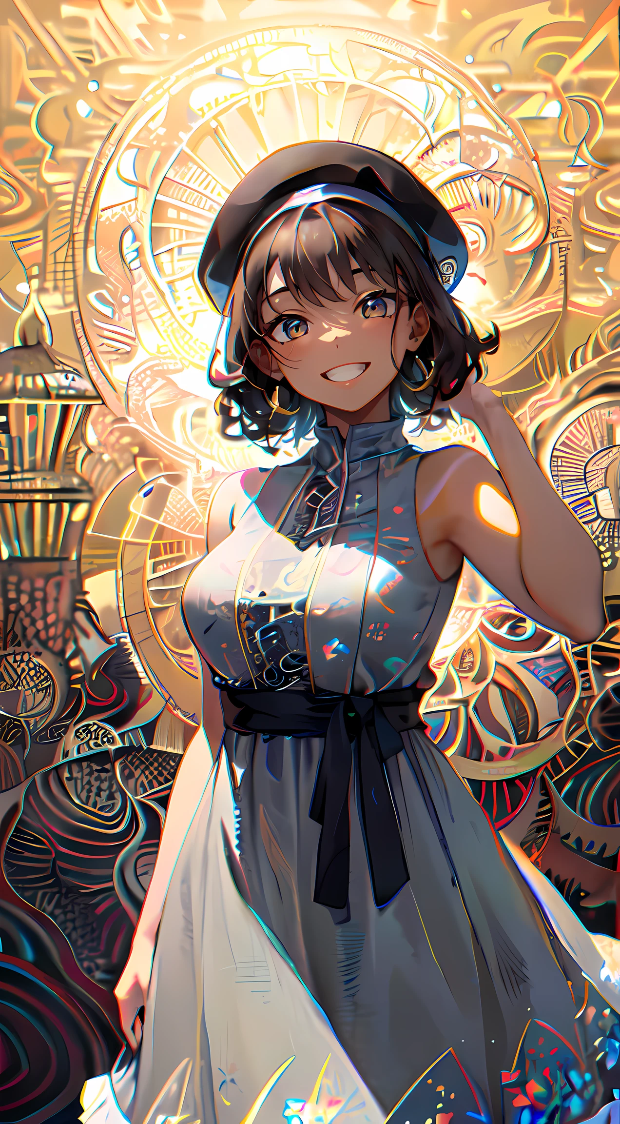 beautiful detailed face, tanned skin, kind smile, happy