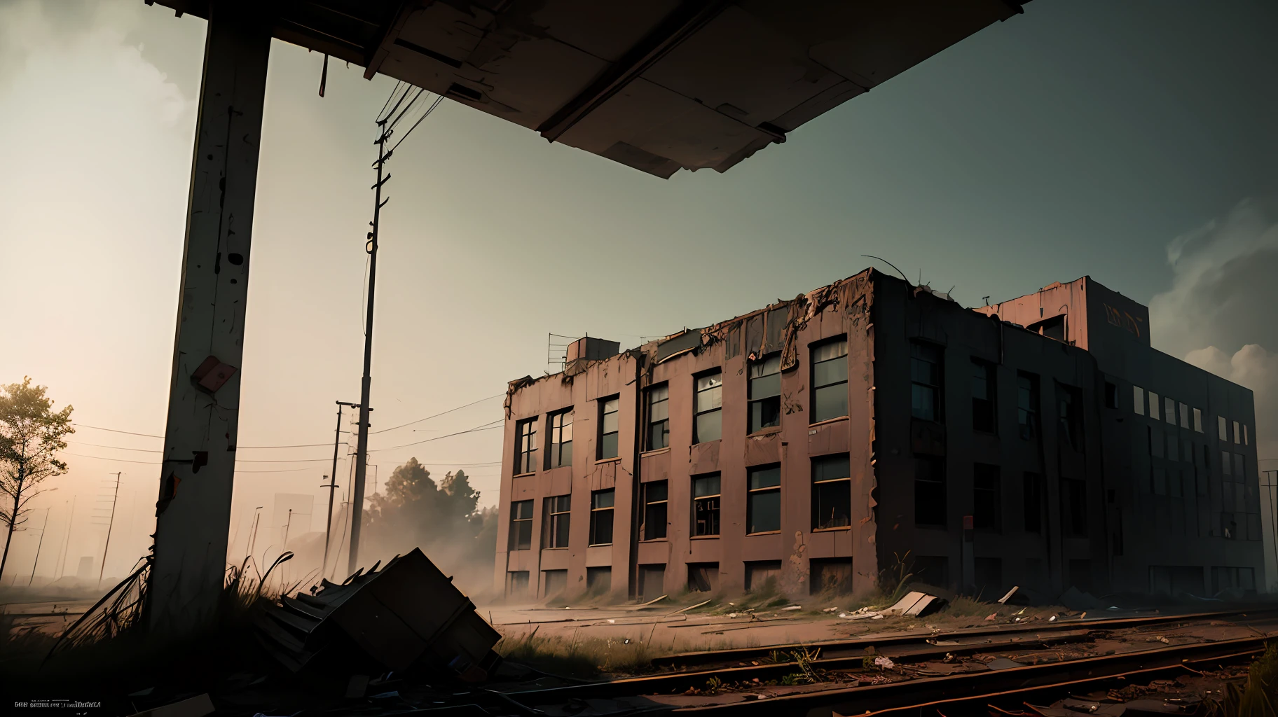 Abandoned factory, dark ambient, low saturation, horror movie, industrial --auto