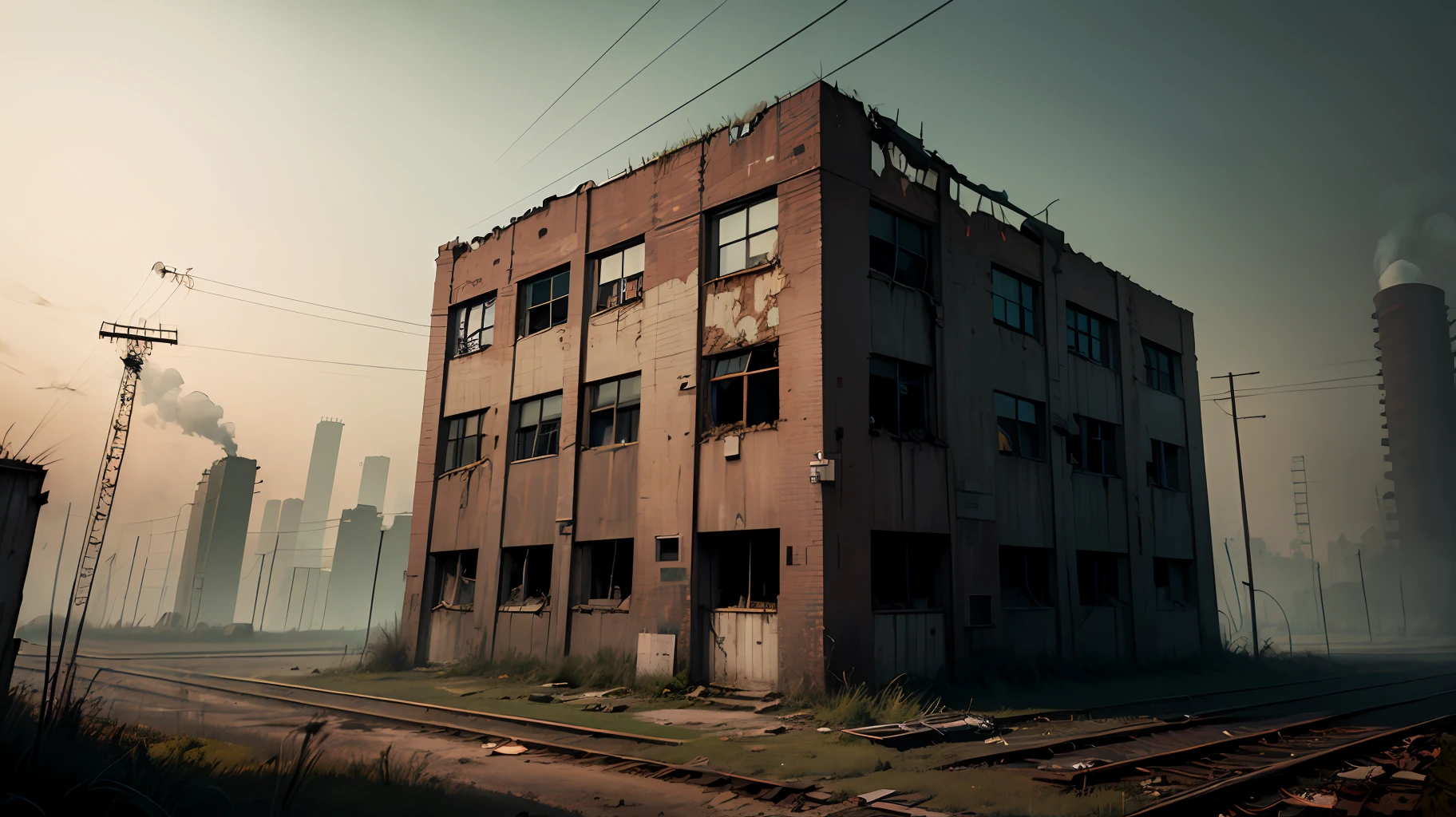 Abandoned factory, dark ambient, low saturation, horror movie, industrial --auto