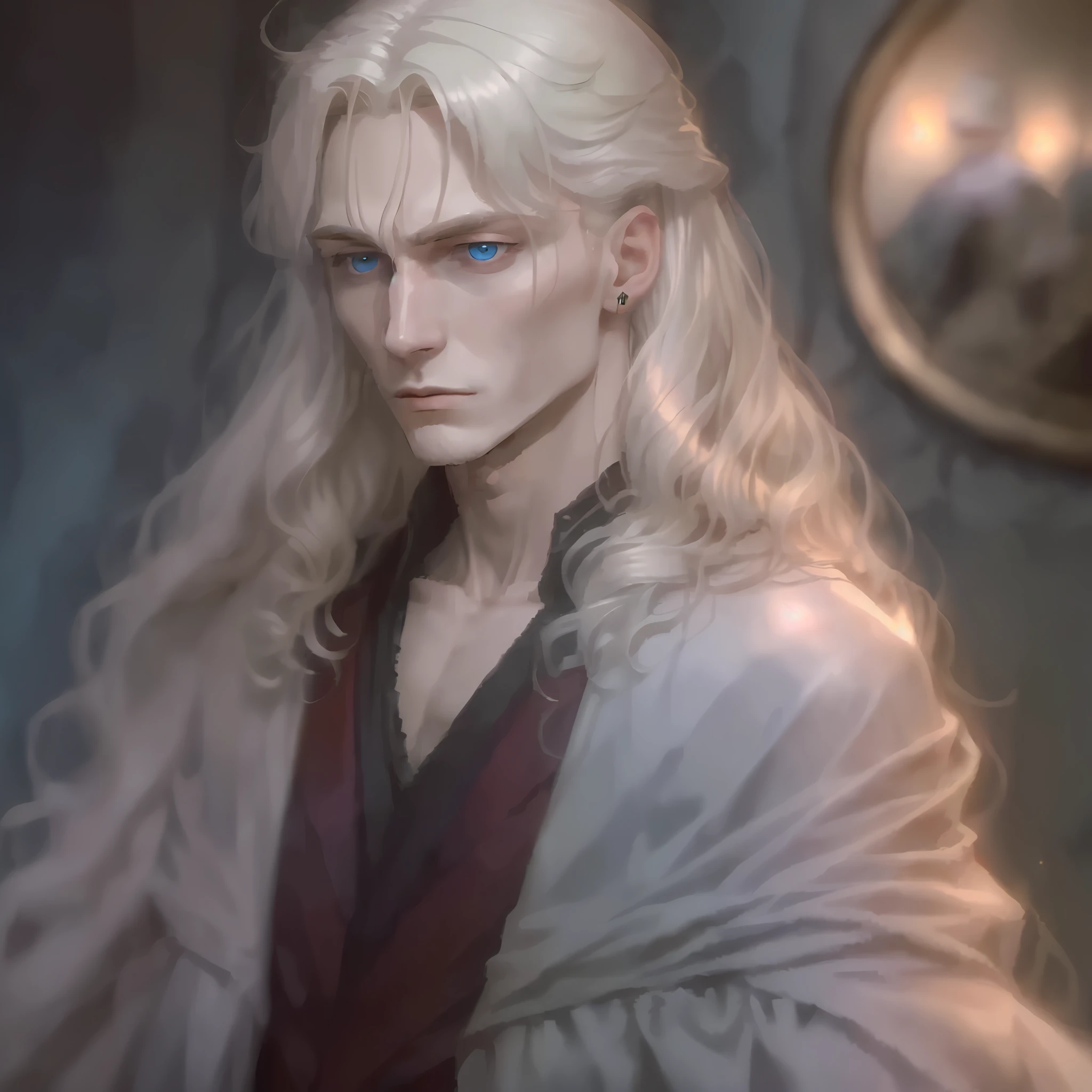 realista, Full HD, 4k, Vampire Marius from the book the vampire chronicles, has white blonde hair that rises to her shoulders and splits into small shiny curls, with iridescent blue eyes with golden eyelashes. He is quite tall and splendid, de se olhar. Na maioria das vezes, He is seen wearing rich red velvet coats, He's also an old man, com um ar sobrenatural --auto