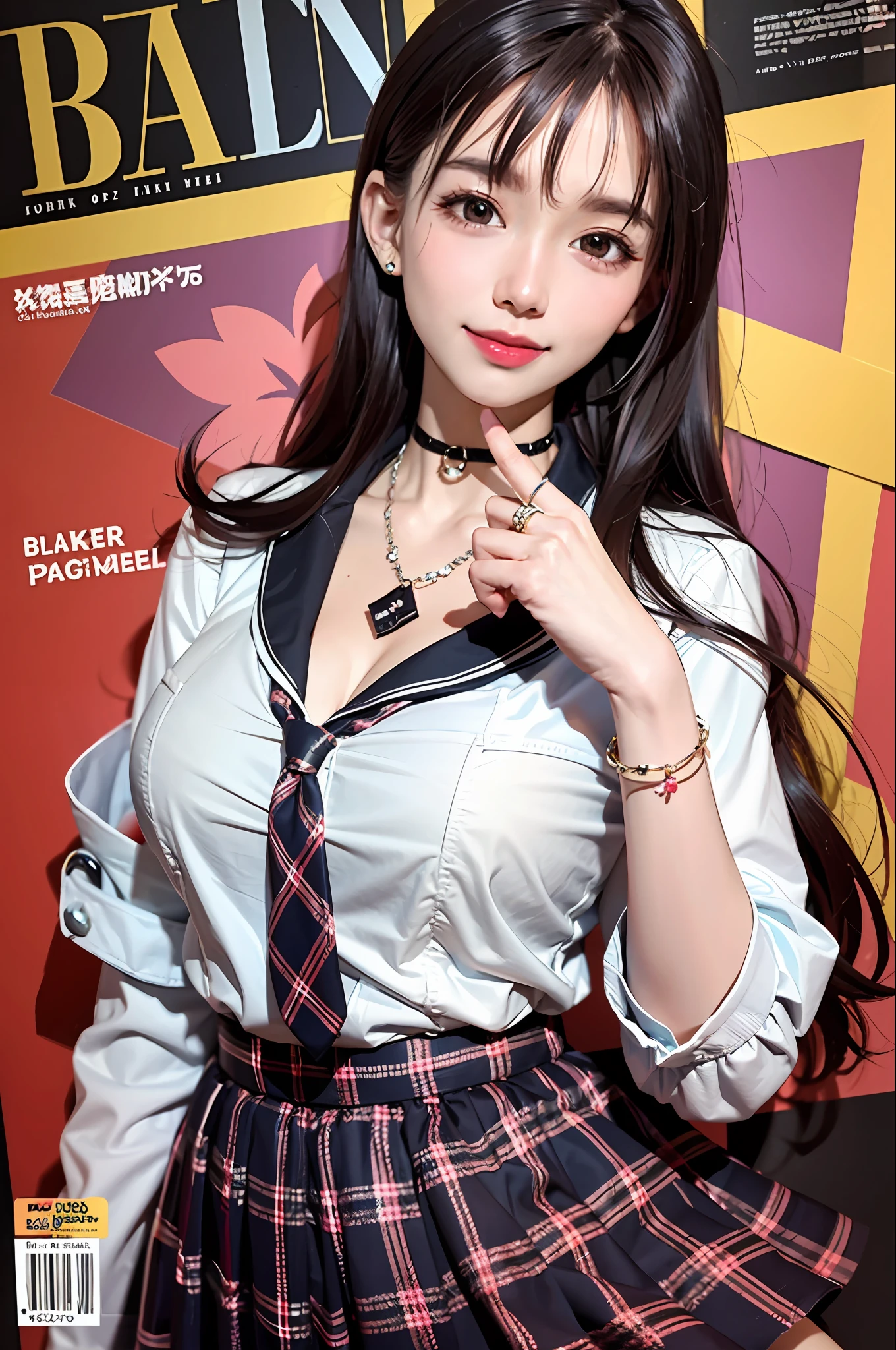 masterpiece, best quality, full body, 1girl, bangs, black choker, black necktie, black hair, blue skirt, blush, bracelet, breasts, choker, clothes around waist, collarbone, collared shirt, cowboy shot, dress shirt, ear piercing, eyebrows visible through hair, gradient hair, grin, gyaru, jewelry, kogal, long hair, looking at viewer, loose necktie, necktie, piercing, plaid, plaid skirt, pleated skirt, red eyes, ring, school uniform, shirt, skirt, smile, solo, white shirt, street, sky, cherry blossoms, petals,illustration, (magazine:1.3), (cover-style:1.3), fashionable, woman, vibrant, outfit, posing, front, colorful, dynamic, background, elements, confident, expression, holding, statement, accessory, majestic, coiled, around, touch, scene, text, cover, bold, attention-grabbing, title, stylish, font, catchy, headline, larger, striking, modern, trendy, focus, fashion,