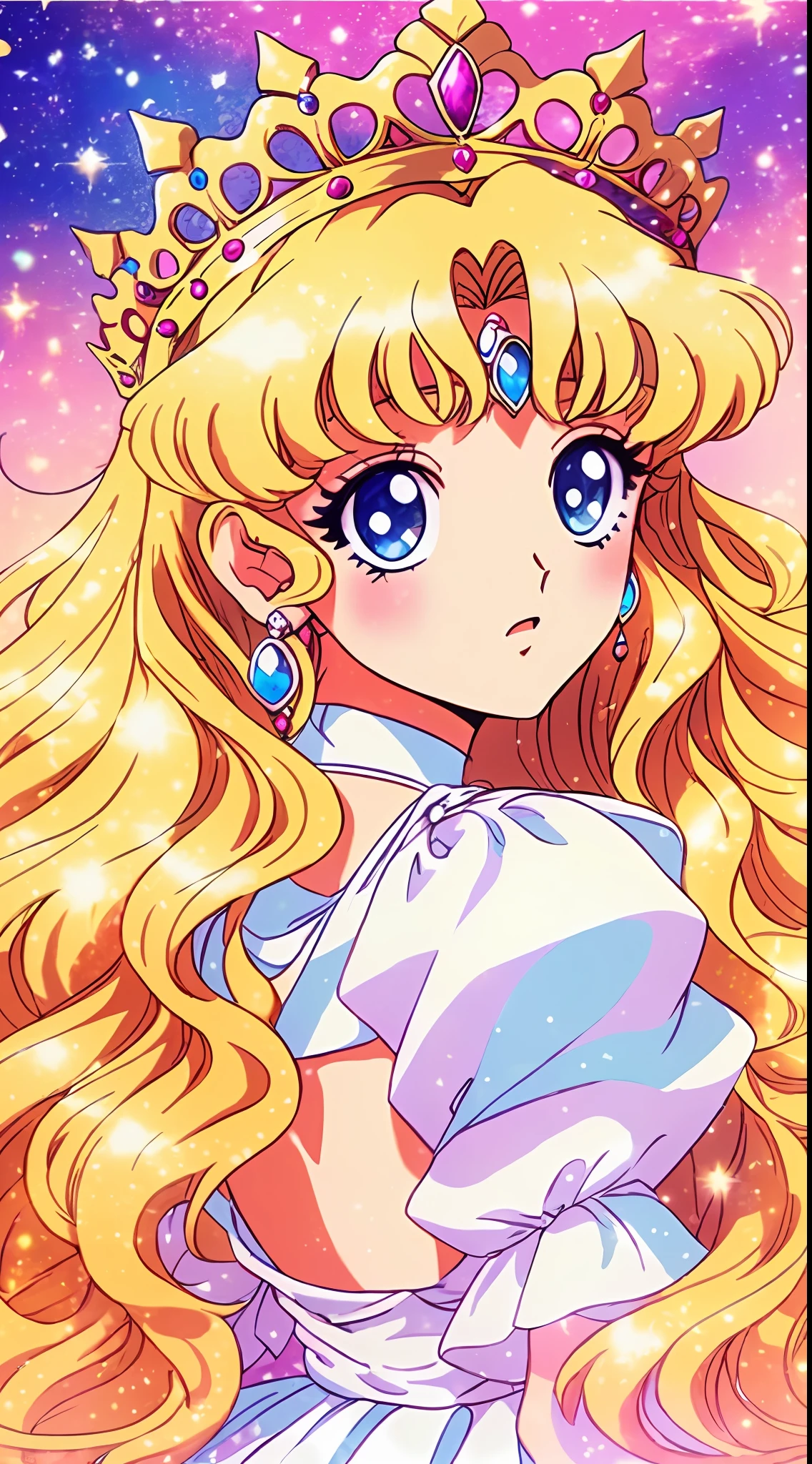 1 Princess，Thick blonde curls，(Gorgeous white dress、tiara crown、jewelry)，pretty eyes，Blush，pastelcolor，Retro anime，1990s anime，tmasterpiece，Best quality