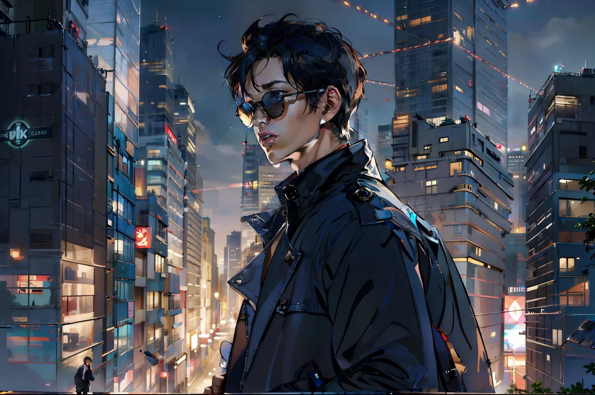 /imagine prompt: A young and talented man in a black trench coat and sunglasses, standing in the bustling city center, holding a folder with case files, surrounded by skyscrapers and a dazzling night view, by Makoto Shinkai --niji 5