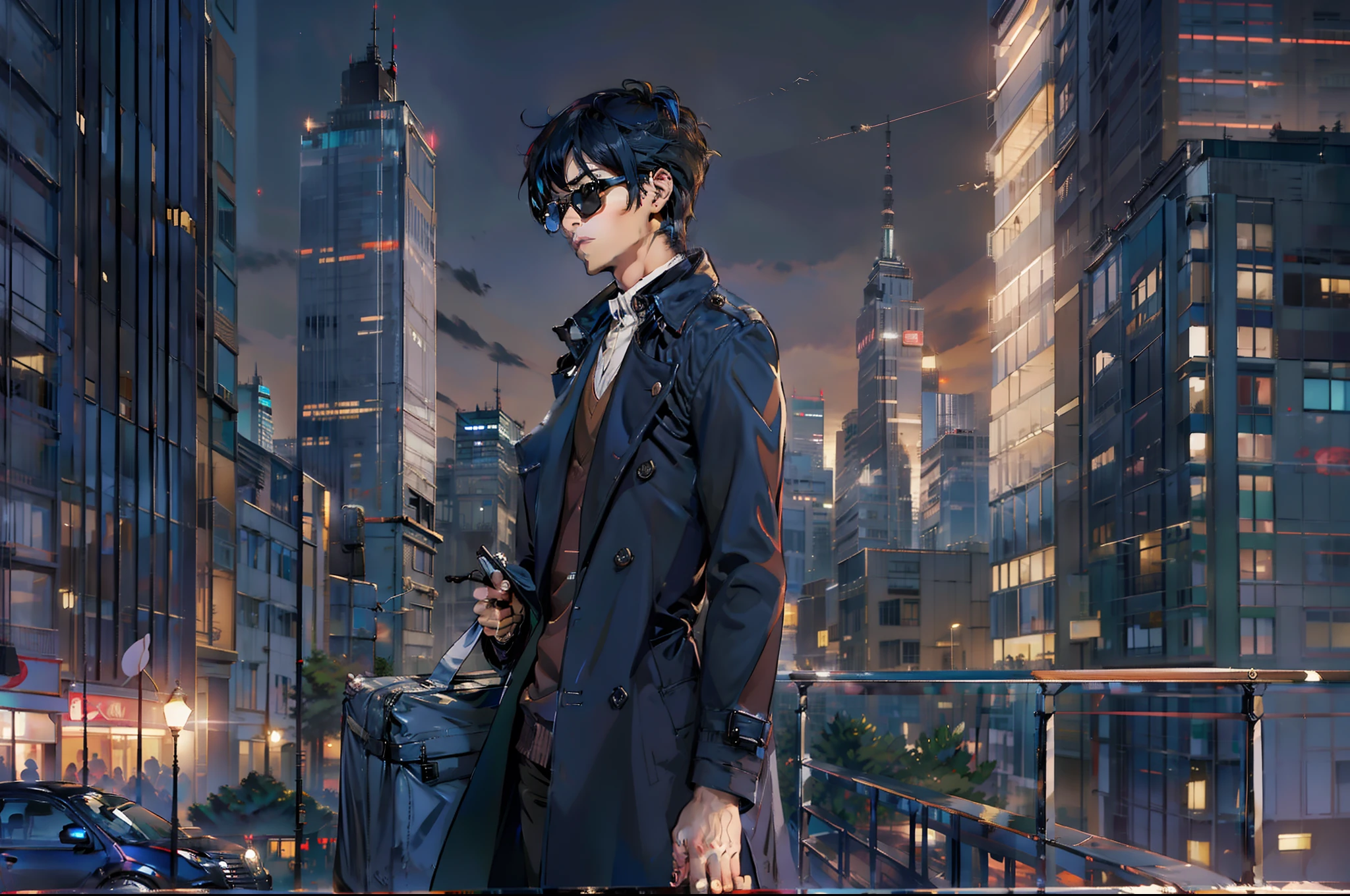 /imagine prompt: A young and talented man in a black trench coat and sunglasses, standing in the bustling city center, holding a folder with case files, surrounded by skyscrapers and a dazzling night view, by Makoto Shinkai --niji 5