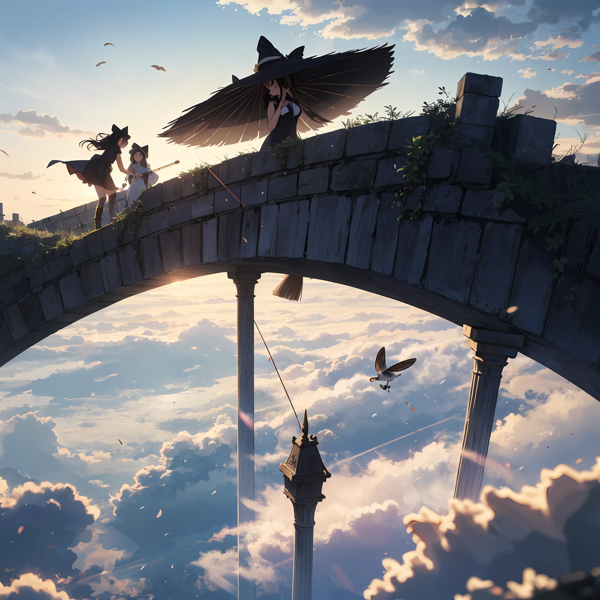 ​masterpiece、animesque、Transparency、1girl, teens girl、the witch、Fly in the sky with a broom、holding a pointed hat in your hand,、A raccoon dog rides on a girl's shoulder、Dresses with luxurious and detailed decoration、Men's Boots、Composition looking down at an angle、heavy wind、Swirling clouds