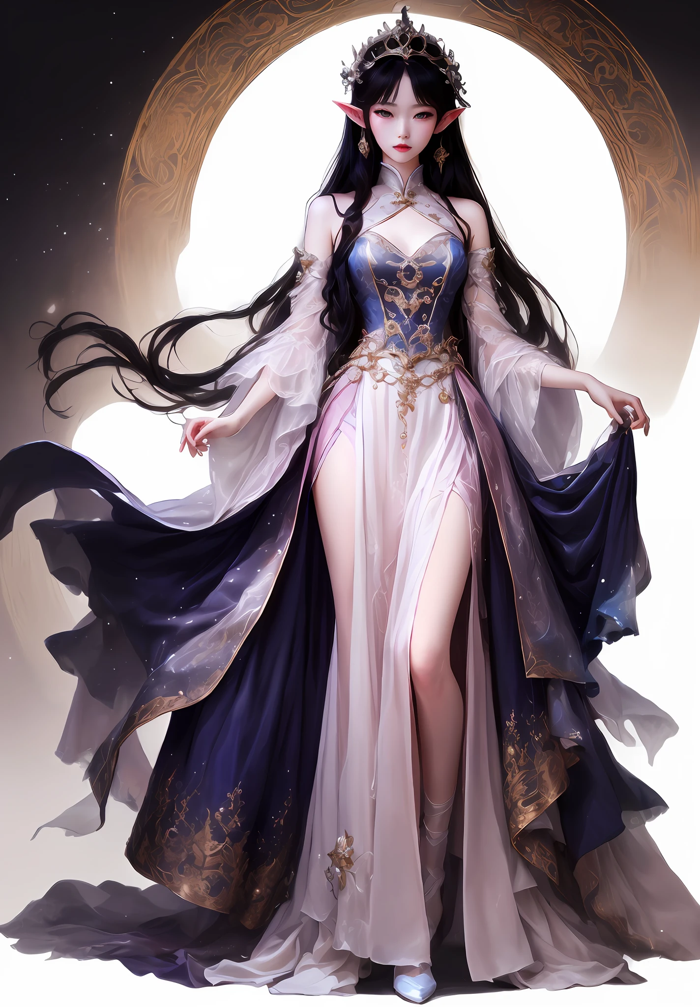There is a doll in a dress and shoes, wearing fantasy formal clothing, full-body xianxia, fantasy style clothing, dreamy dress, a beautiful fantasy empress, astral witch clothes, Women's long skirt, a stunning young ethereal figure, beautiful and elegant elf queen, fantasyoutfit, intricate fantasy dress, Princesa chinesa antiga, pale young ghost girl, Ethereal fantasy,largeeyes,