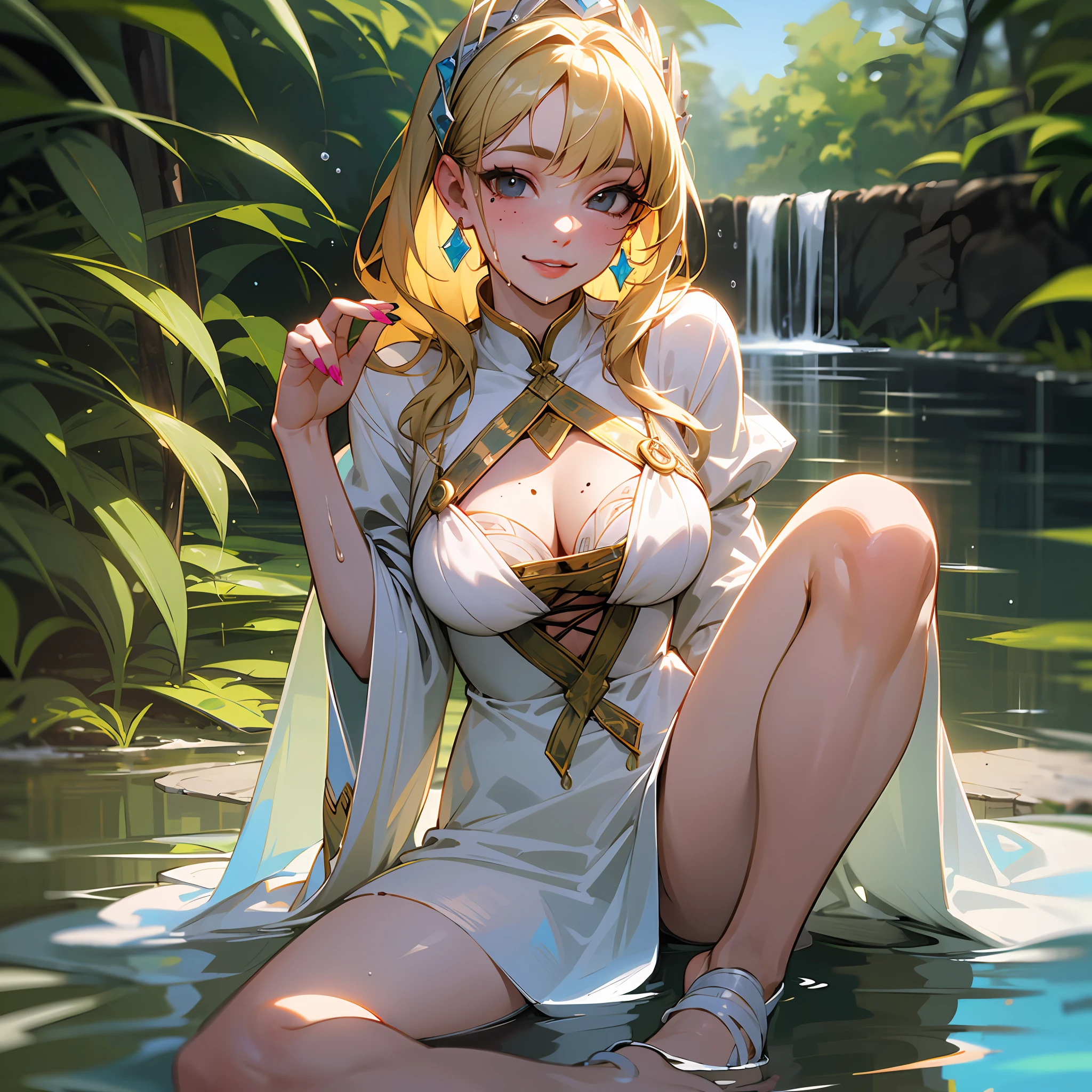 The best picture quality, (full body lens), exquisite facial features, women, single person, dancer, snake pupil, mole at the moment, swollen lips, drunk, evil smile, hair over shoulder, blonde hair, princess roll, behind the ears, hair accessories, hair sticks, earrings, ribbon trim, summer white dress, perspective outfit, wet body, kneeling on the ground, facing the viewer, straighten up, summer, bathroom waterbed, realistic portrait, feet up, pink nail polish, large chest, Long legs, clothes have a 60% perspective, and the body is covered in water droplets --auto --s2