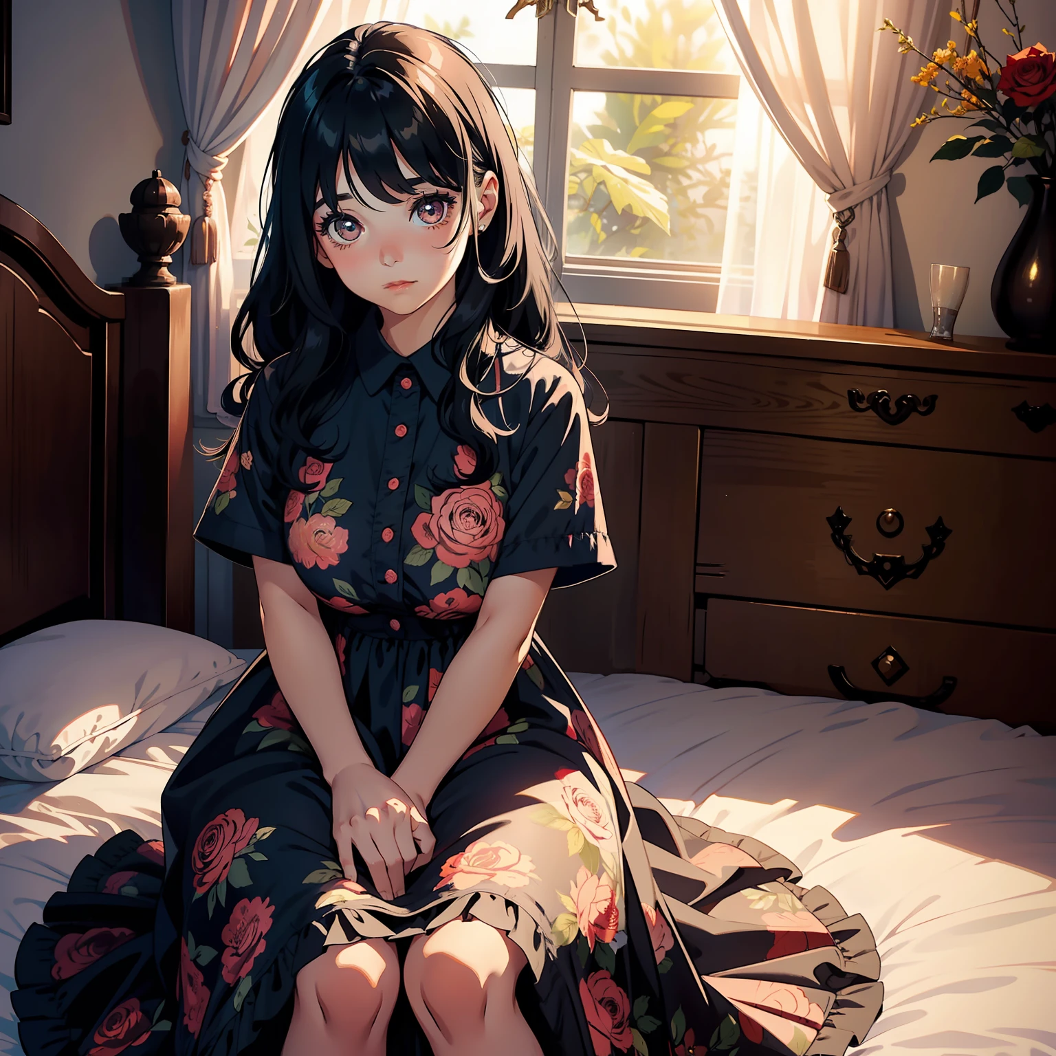 1 17 year old girl,big bright eyes,rosy lips,Long eyelashes,ccurateblack hair,Wearing a floral dress,Stand in front of the bed