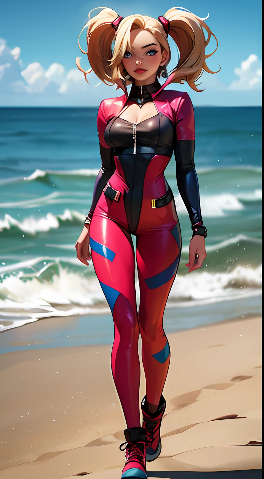 margot robbie as a gorgeous Harley Quinn standing on sand, wind in the hair, (8k:1.2)