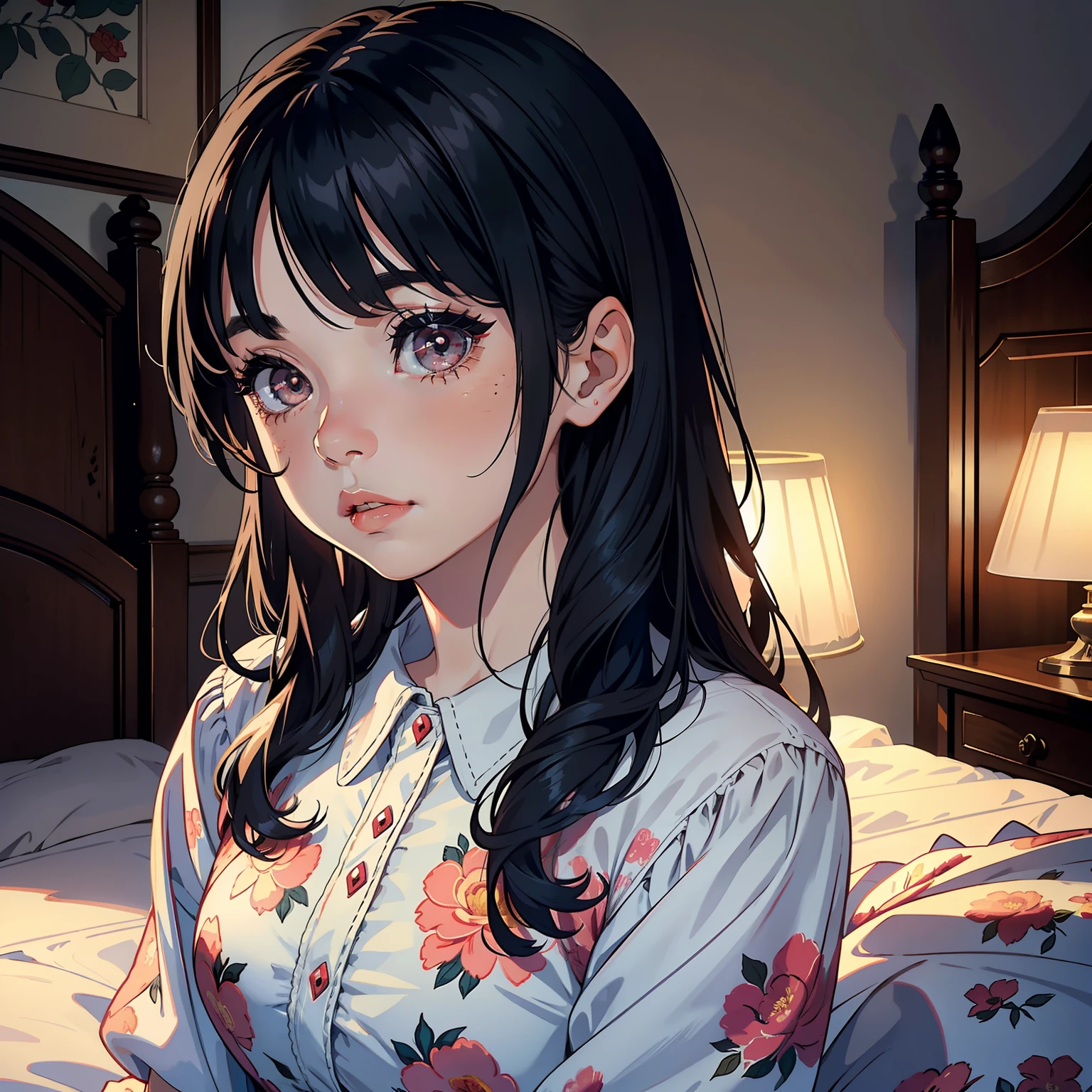 1  girl，big bright eyes，rosy lips，Long eyelashes，ccurateblack hair，Wearing a floral dress，Stand in front of the bed