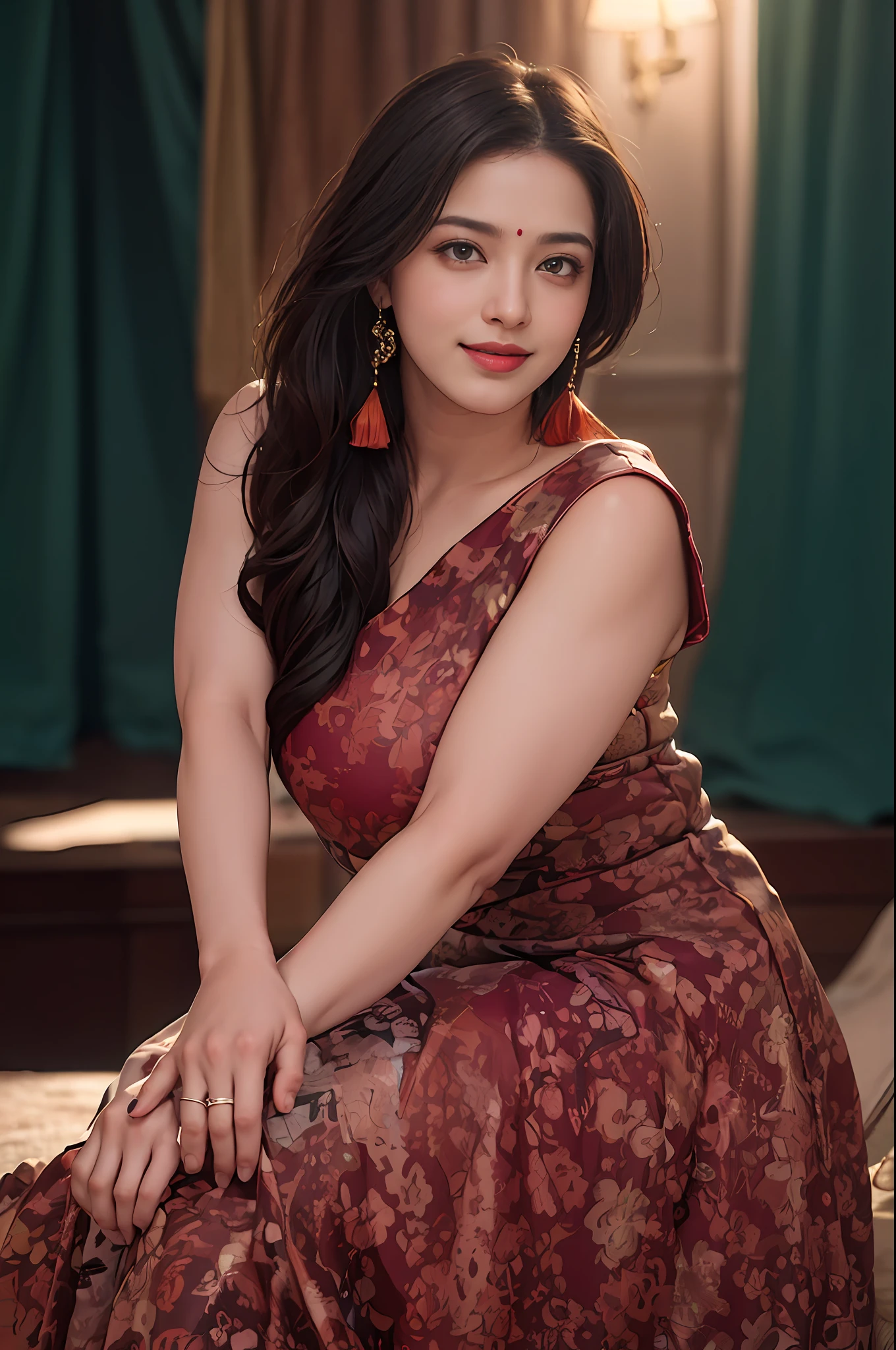 Best quality, masterpiece, ultra high res, (photorealistic:1.4), raw photo, 1girl, offshoulder, in the dark, deep shadow, low key, cold light,wearing a traditional saree, [huge breasts: 1.5] , large boobs, barely covered boobs, seductive smile, pokies