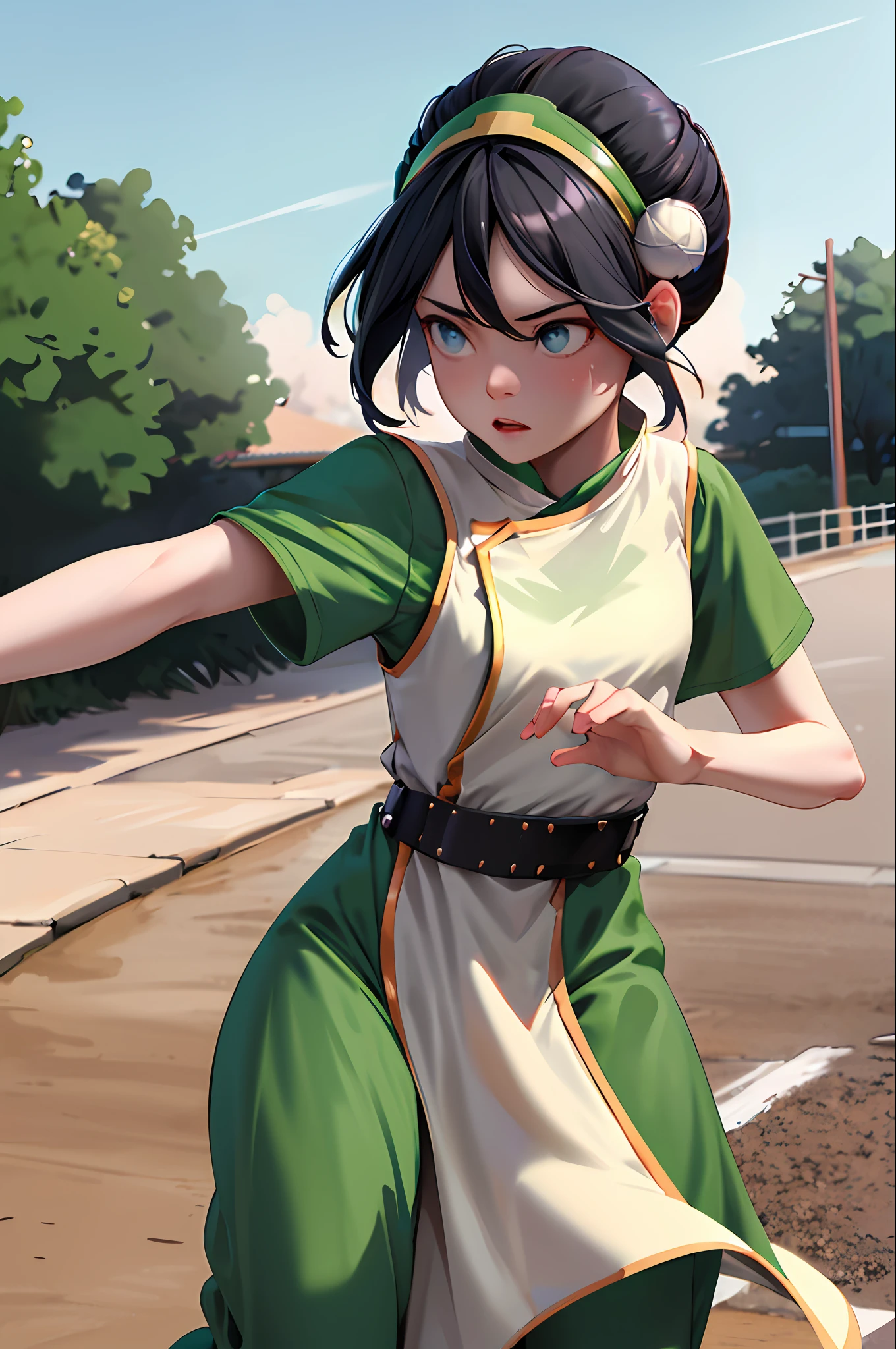 masterpiece, best quality, highres, 1girl, solo, black hair, hairband, belt, short hair, dress, blue eyes, hair bun, green hairband, blind, chinese clothes, hair bun, green dress, short sleeves, pelvic curtain, park, running