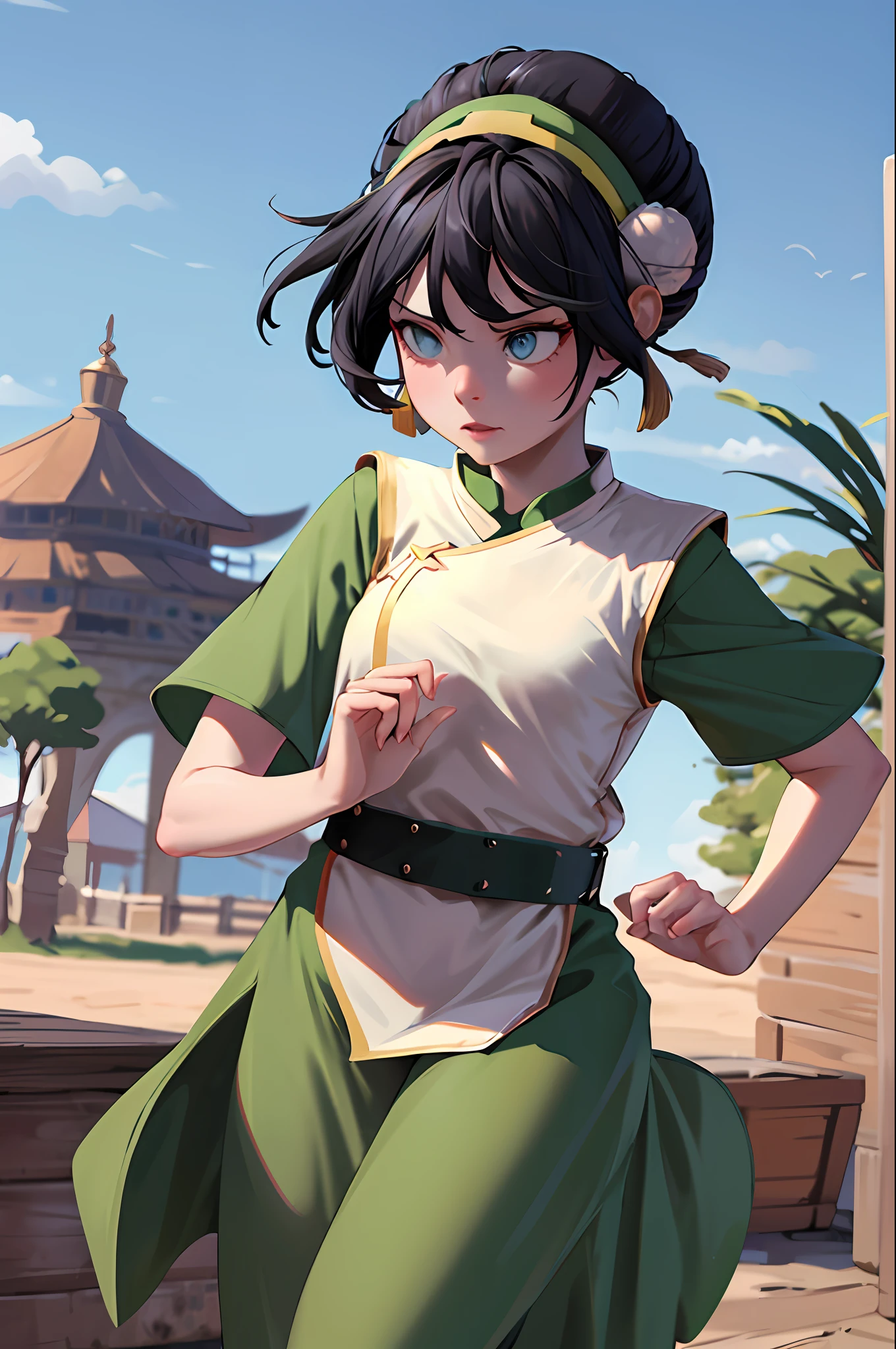 masterpiece, best quality, highres, 1girl, solo, black hair, hairband, belt, short hair, dress, blue eyes, hair bun, green hairband, blind, chinese clothes, hair bun, green dress, short sleeves, pelvic curtain, park, running
