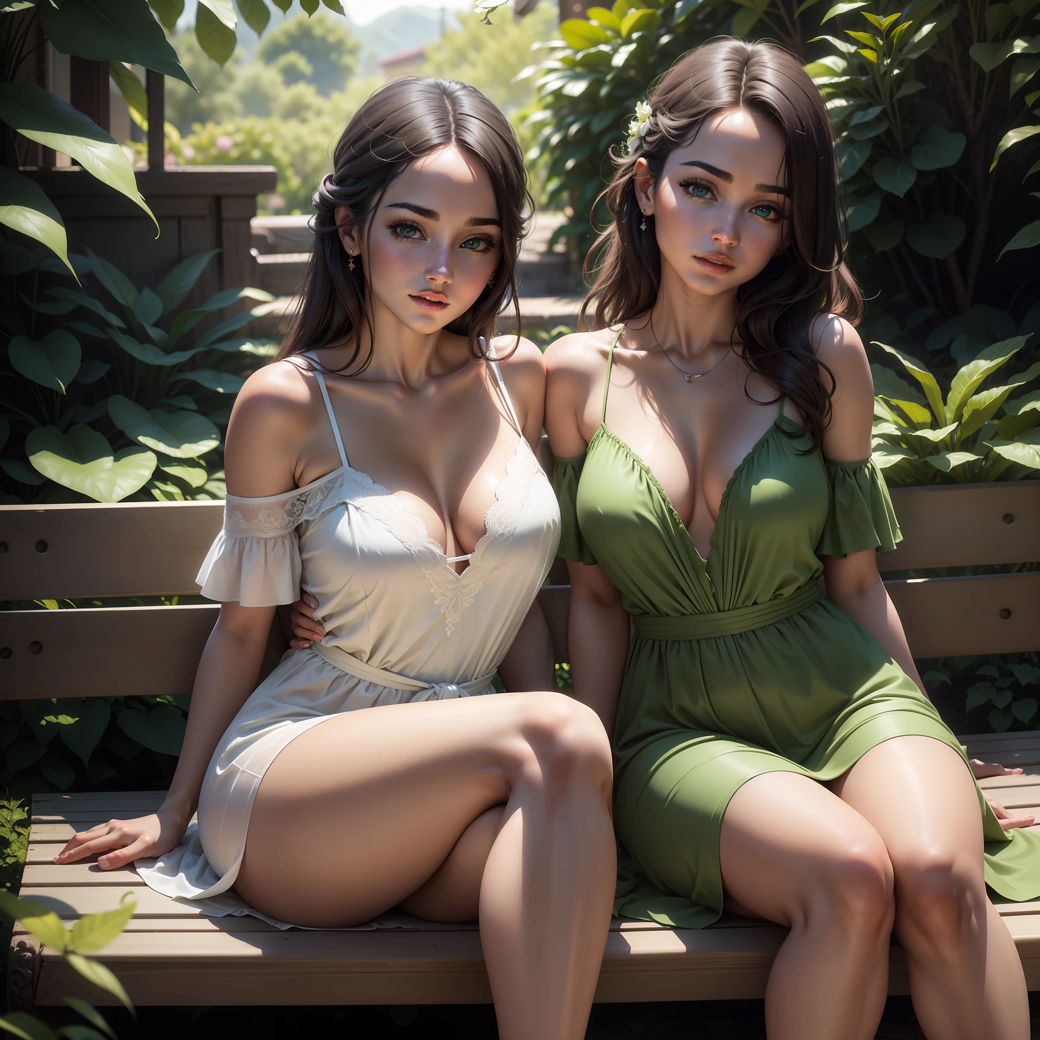 A very attractive young Latin American woman sitting very casually on a bench in a green garden. Her face exudes beauty, her eyes sparkle with life. She wears a very loose dress with a glamorous style neckline. The scene exudes sensuality. The soft, warm light and realistic details reveal the beauty of her face. super realistic picture. Sony a700. Editorial. --ar 16:9 --v 5.2, Hyperrealism, cinematic lighting, UHD, retina, high quality