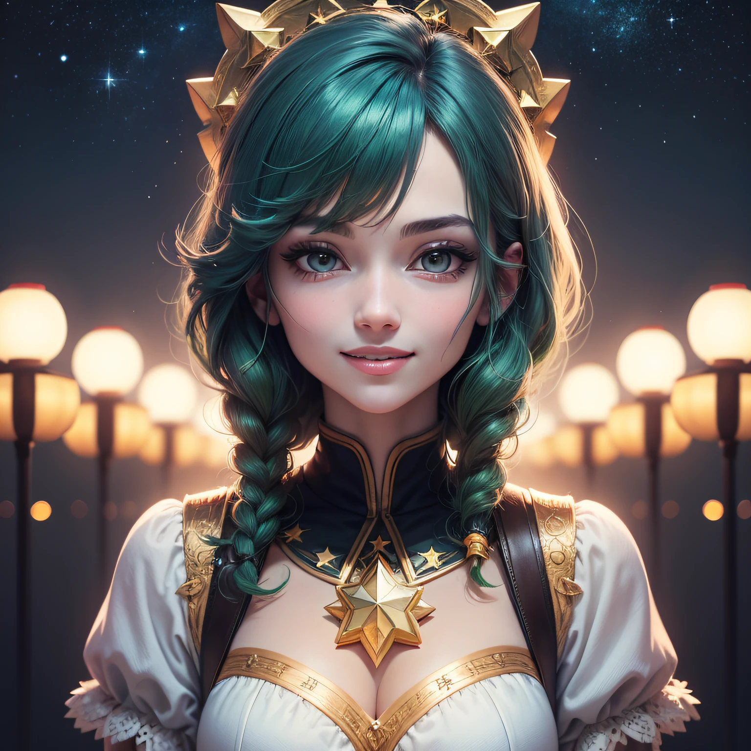 ((obra-prima)), melhor qualidade, Ultra-detailed elaboration, Detailed illustration in kawaci anime style, estrela multicolorida no meio a estrelas amarelas e brilhantes, stand out with difference, cabelos castanhos, olhos verdes, sorriso feliz. --auto