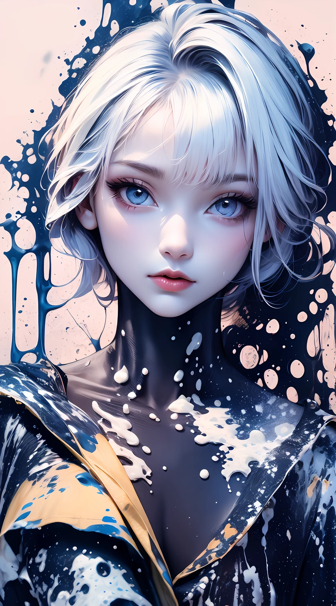 Paint splash, color, cream, girl, looking at the camera, slime girl,