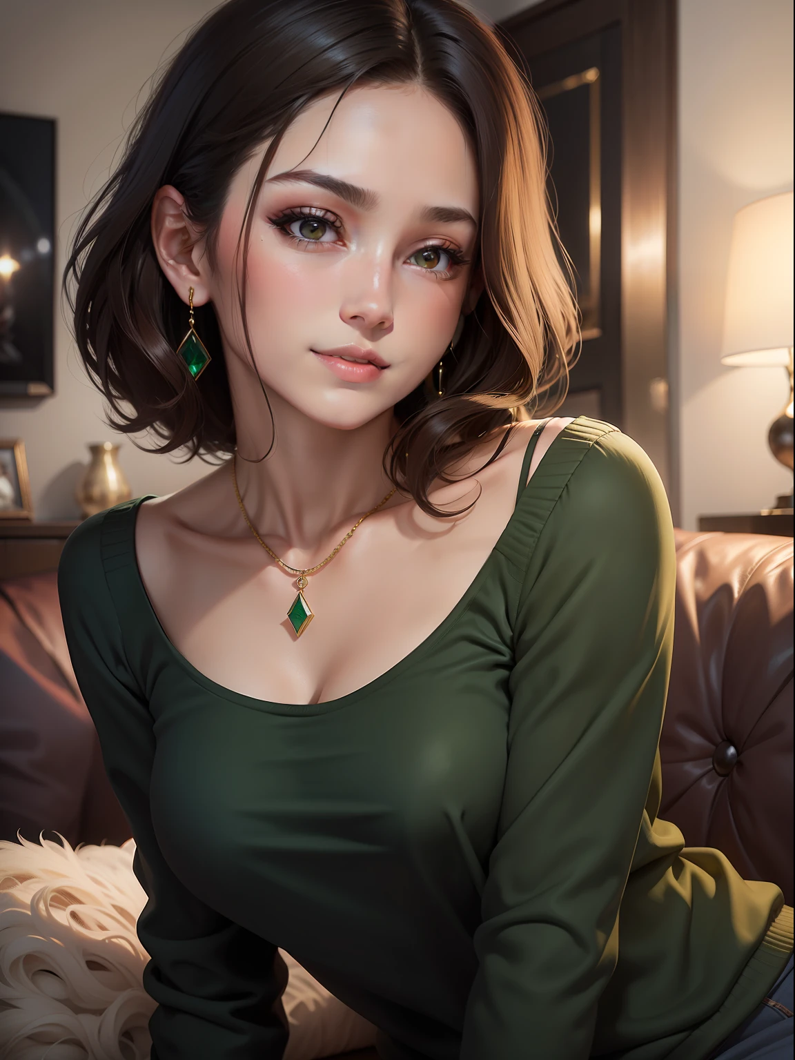 （Elegant aunt：1.2），（Layered Hair Style，dark brown  hair），（short detailed hair：1.2），（Very provocative smile：1.2），（Green sweatshirt：1.4）， Very detailed face and skin texture，Detailed eyes，二重まぶた，Pale cheeks，Glossy glossy skin，Shiny little neckless and earrings， Glossy lips：1.4，White skin of the：1.2，（（upperbody shots：1.2）），（（From a very intimate distance：1.2））， （（（in living room：1.4）））
