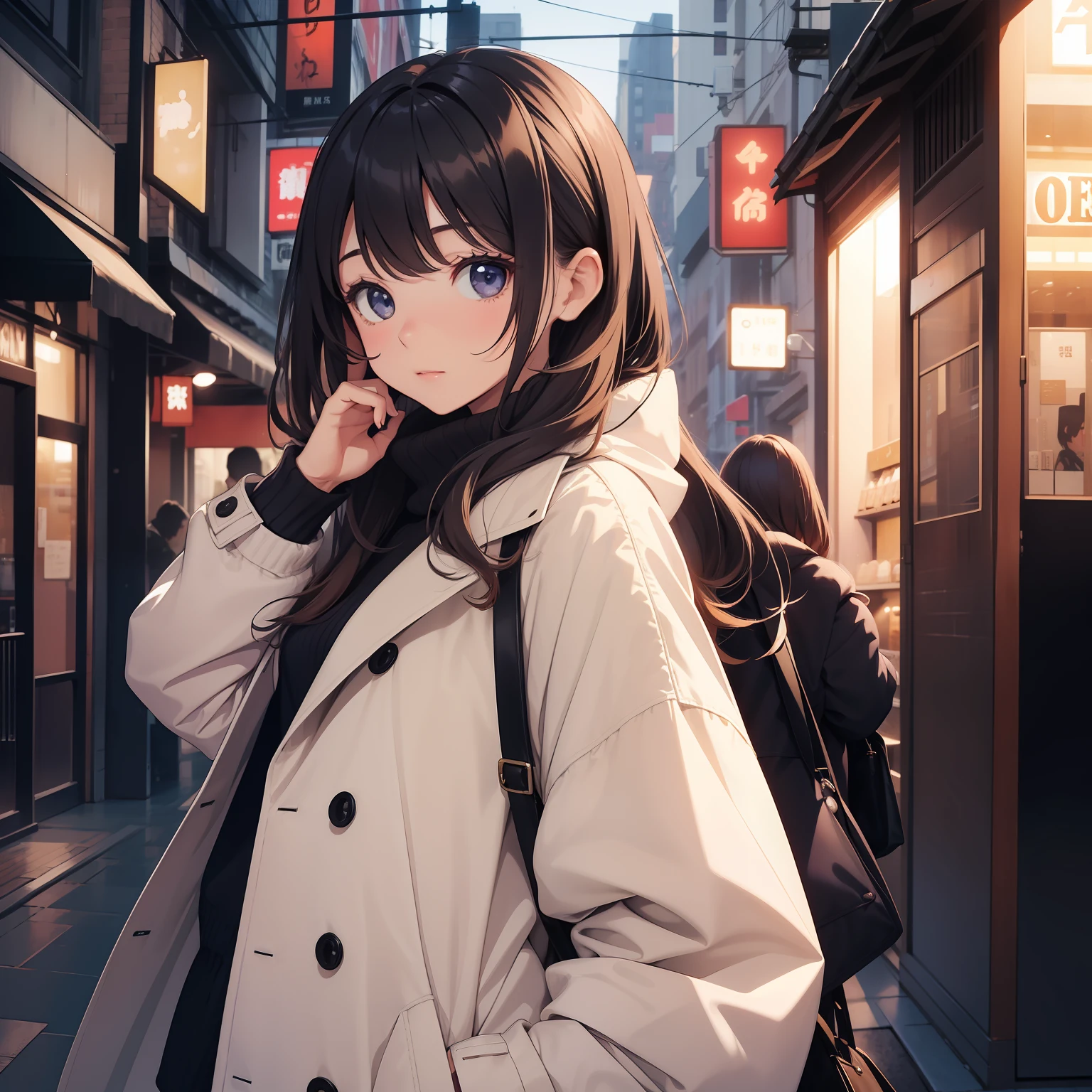 illustratio、girl with、Oversized coat、early evening