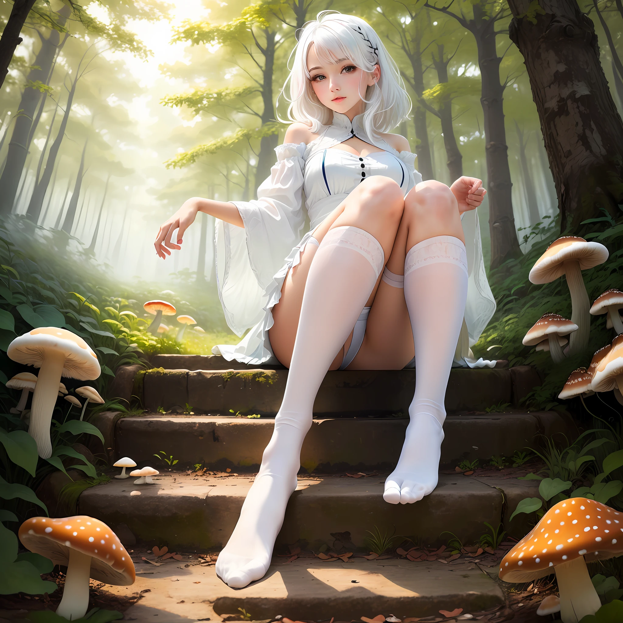 Beautiful girl with white hair,Wearing white stockings,Step on the mushrooms with your feet,did not wear panties,Exposing the