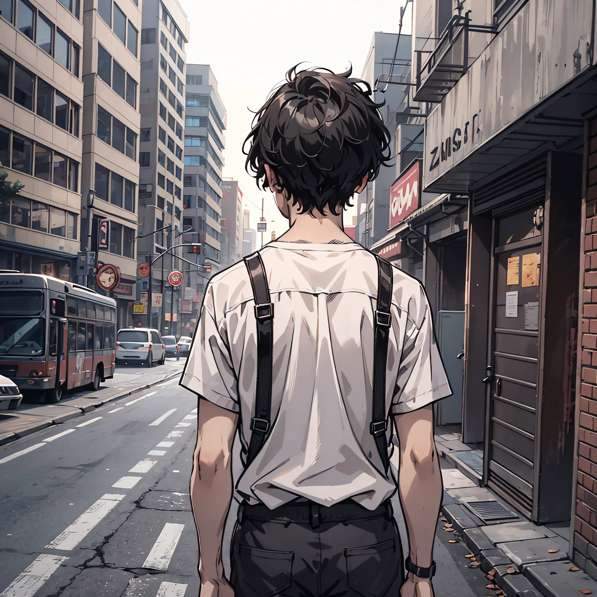 Ridiculous resolution，A high resolution，（tmasterpiece：1.4），Hyper-detailing，The young man's short black hair was disheveled，Wearing a white shirt，A calm expression，Back shadow，In the middle of empty streets，Zombie apocalypse，Zombie outbreak