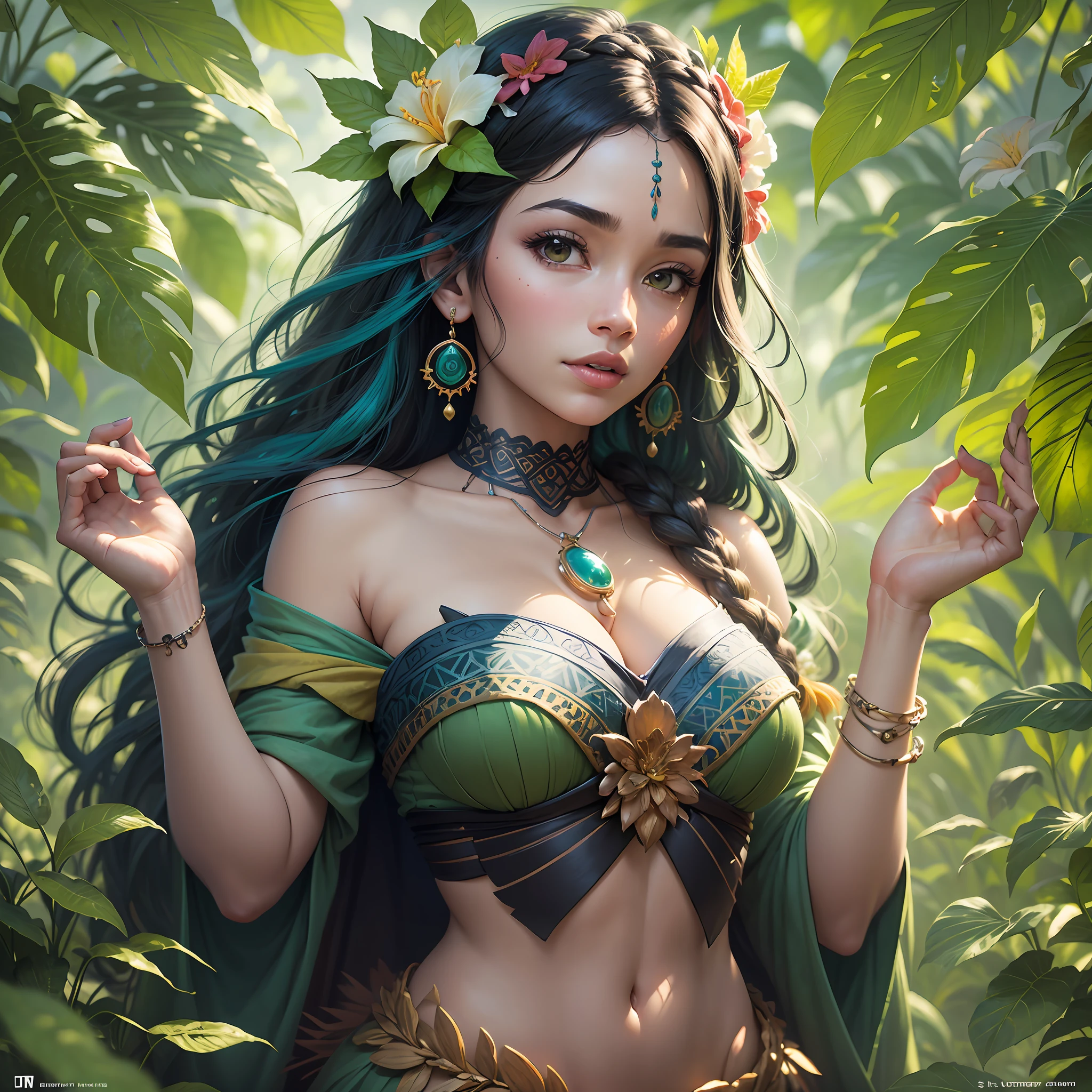 A realistic illustration in vibrant colors of the goddess Te Fiti from the Disney animated film Moana. Te Fiti is depicted as a large green-skinned woman with flowers and plants growing on her body. Your hair is made up of leaves and your clothes are made of plants. She is standing on a tropical island, surrounded by trees and lush vegetation. Her expression is serene and motherly. The image is highly detailed and aesthetically pleasing --auto --s2
