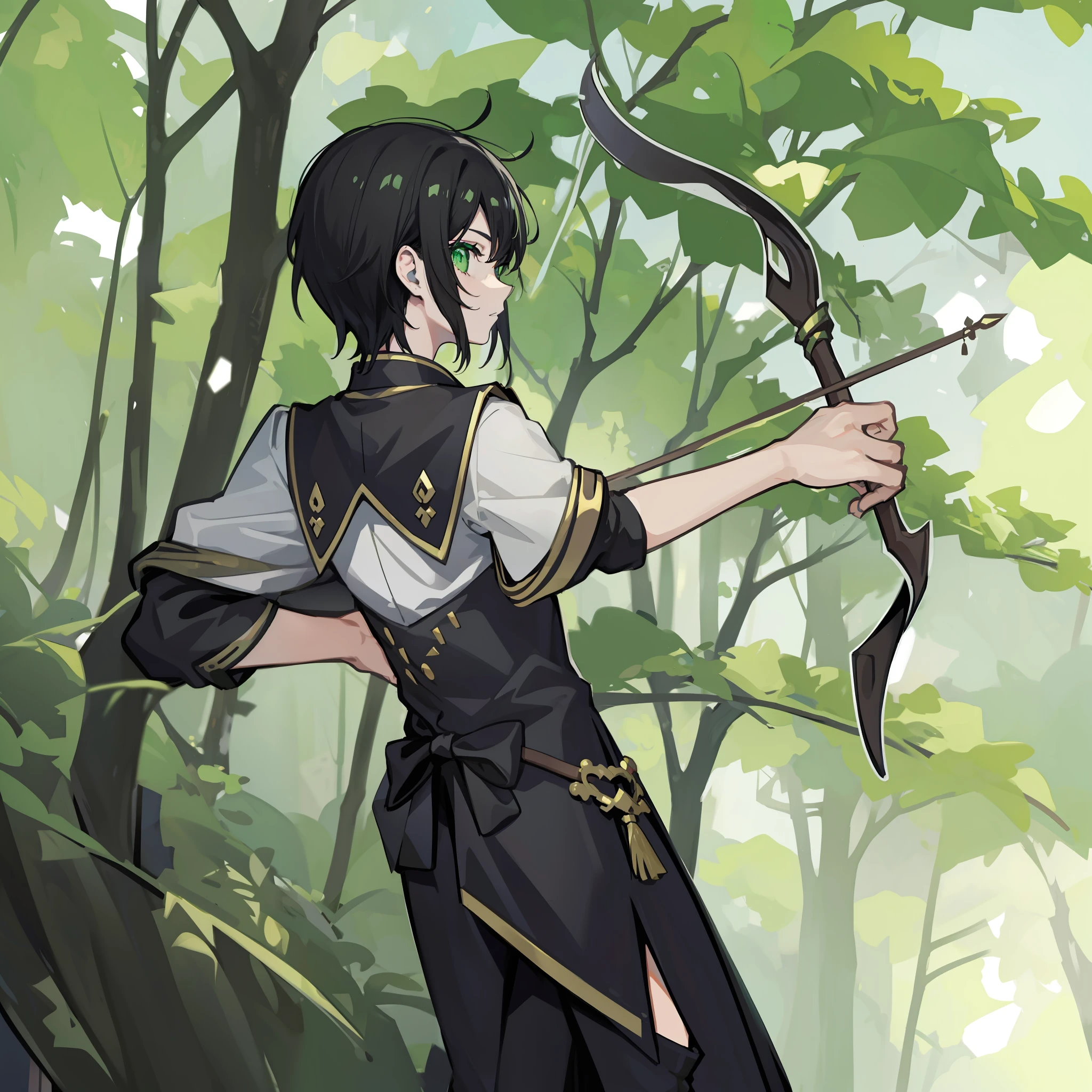 1male, mage, green eyes, black hair, drawing bow, ebony bow. (masterpiece:1.2), (best quality:1.3).
